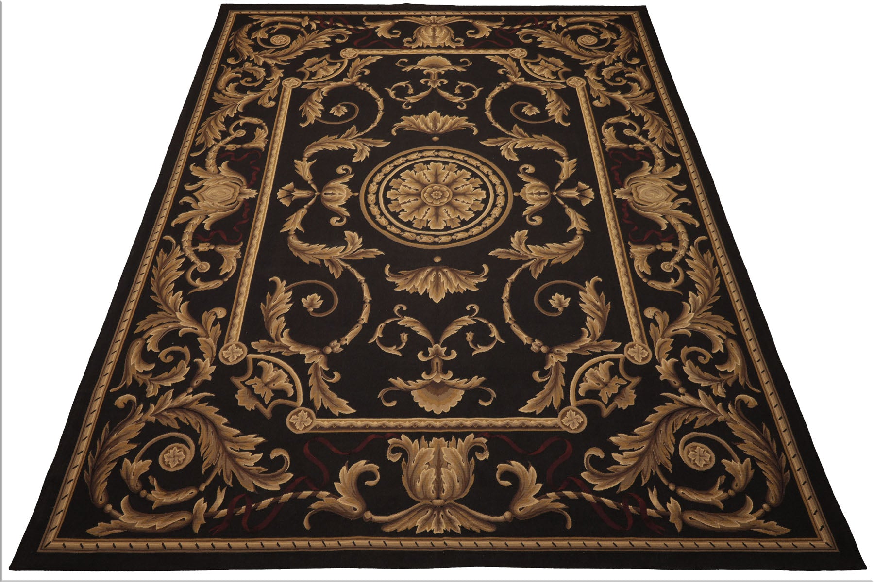9x12 Chocolate, Gold, Brown Color Hand Woven French Aubusson Flatweave Wool Traditional Oriental Rug