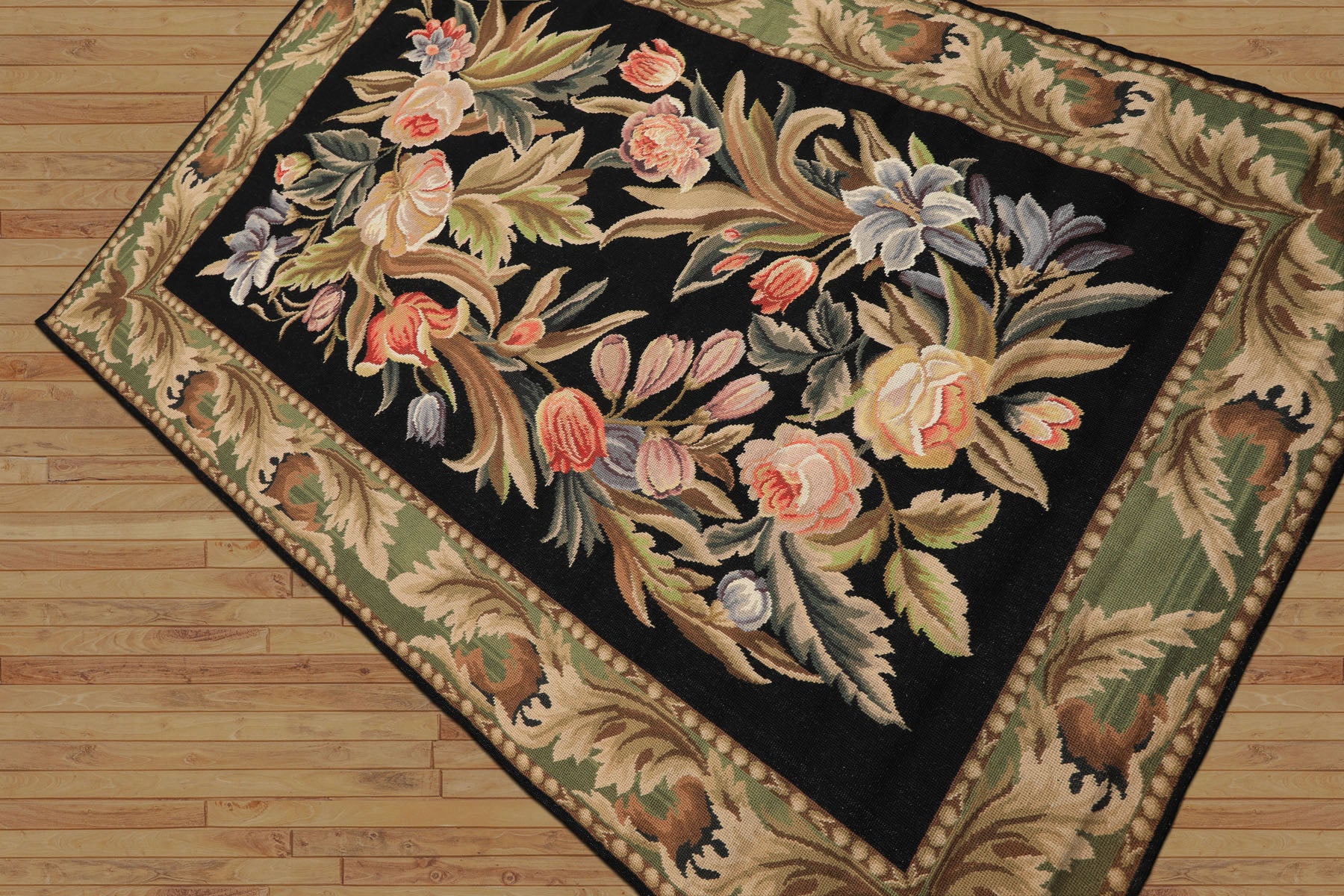 4x6 Black, Sage, Lavender Color Hand Woven French Needlepoint Wool Traditional Oriental Rug