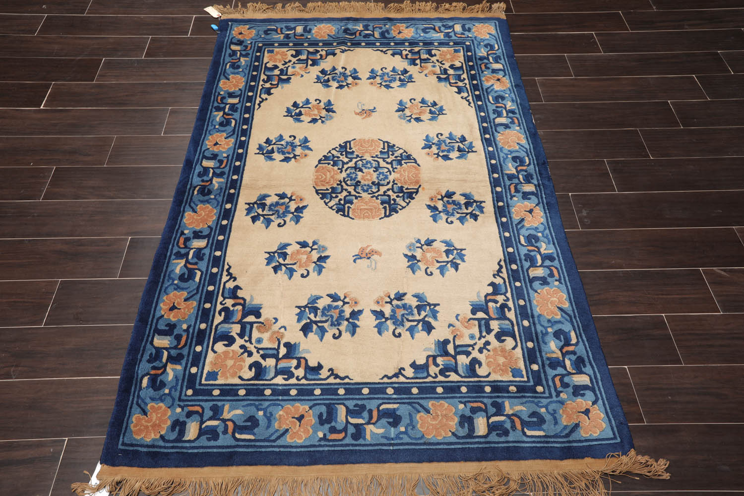 4x6 Beige, Royal Blue, Navy Color Hand Knotted All-Over 100% Wool Traditional Oriental Rug