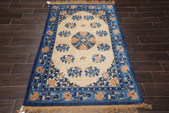 4x6 Beige, Royal Blue, Navy Color Hand Knotted All-Over 100% Wool Traditional Oriental Rug