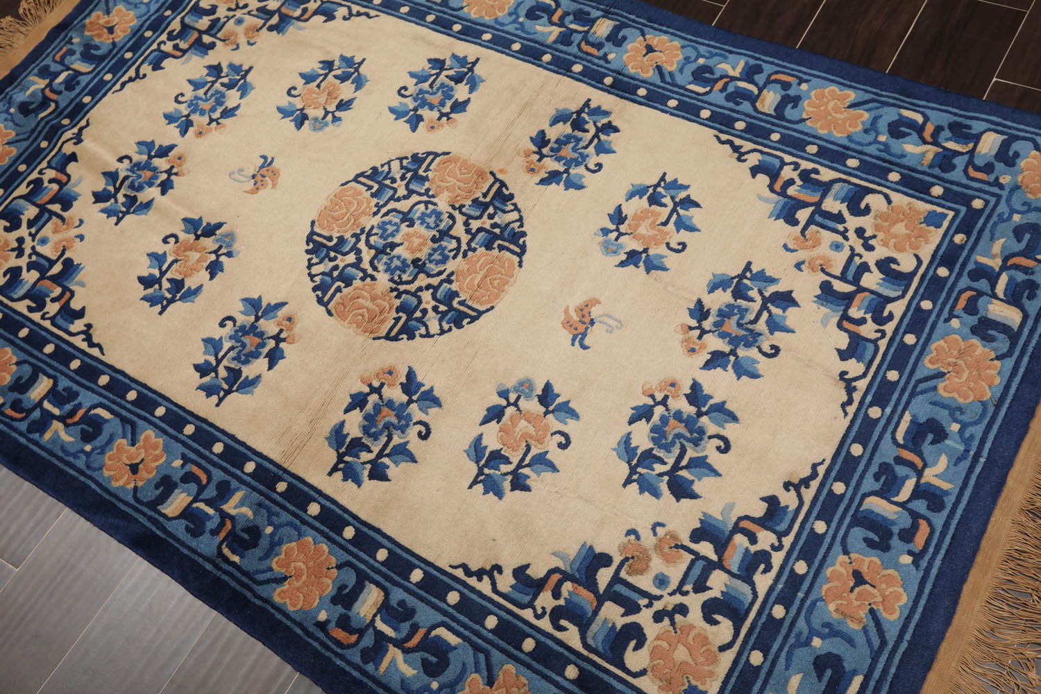4x6 Beige, Royal Blue, Navy Color Hand Knotted All-Over 100% Wool Traditional Oriental Rug