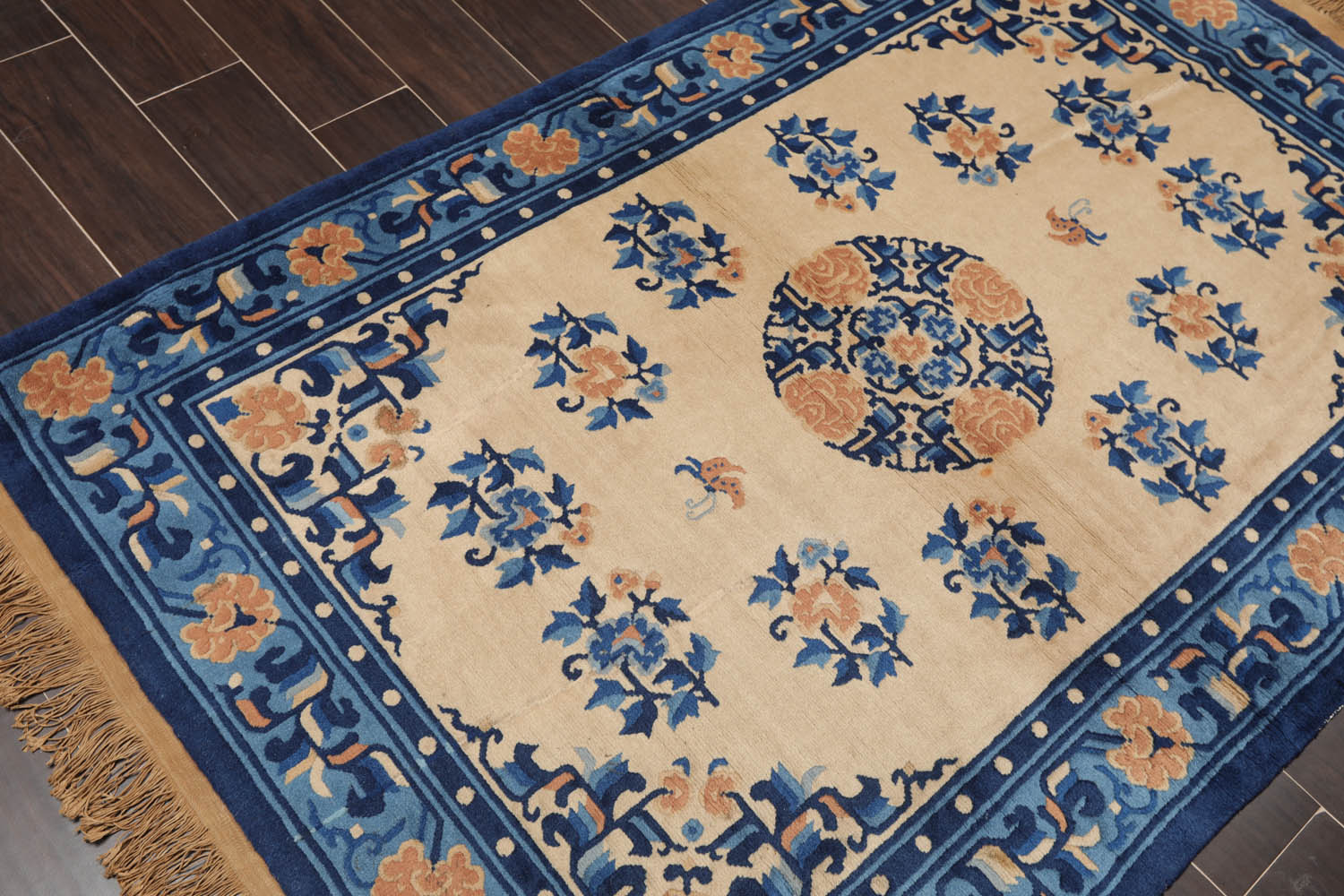 4x6 Beige, Royal Blue, Navy Color Hand Knotted All-Over 100% Wool Traditional Oriental Rug
