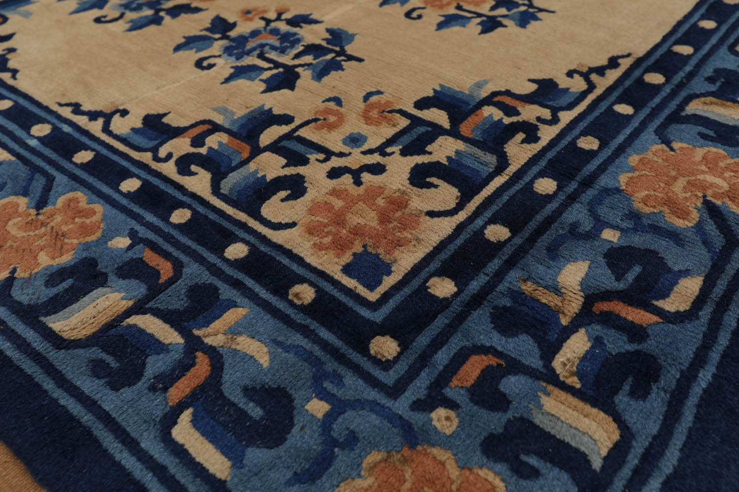 4x6 Beige, Royal Blue, Navy Color Hand Knotted All-Over 100% Wool Traditional Oriental Rug