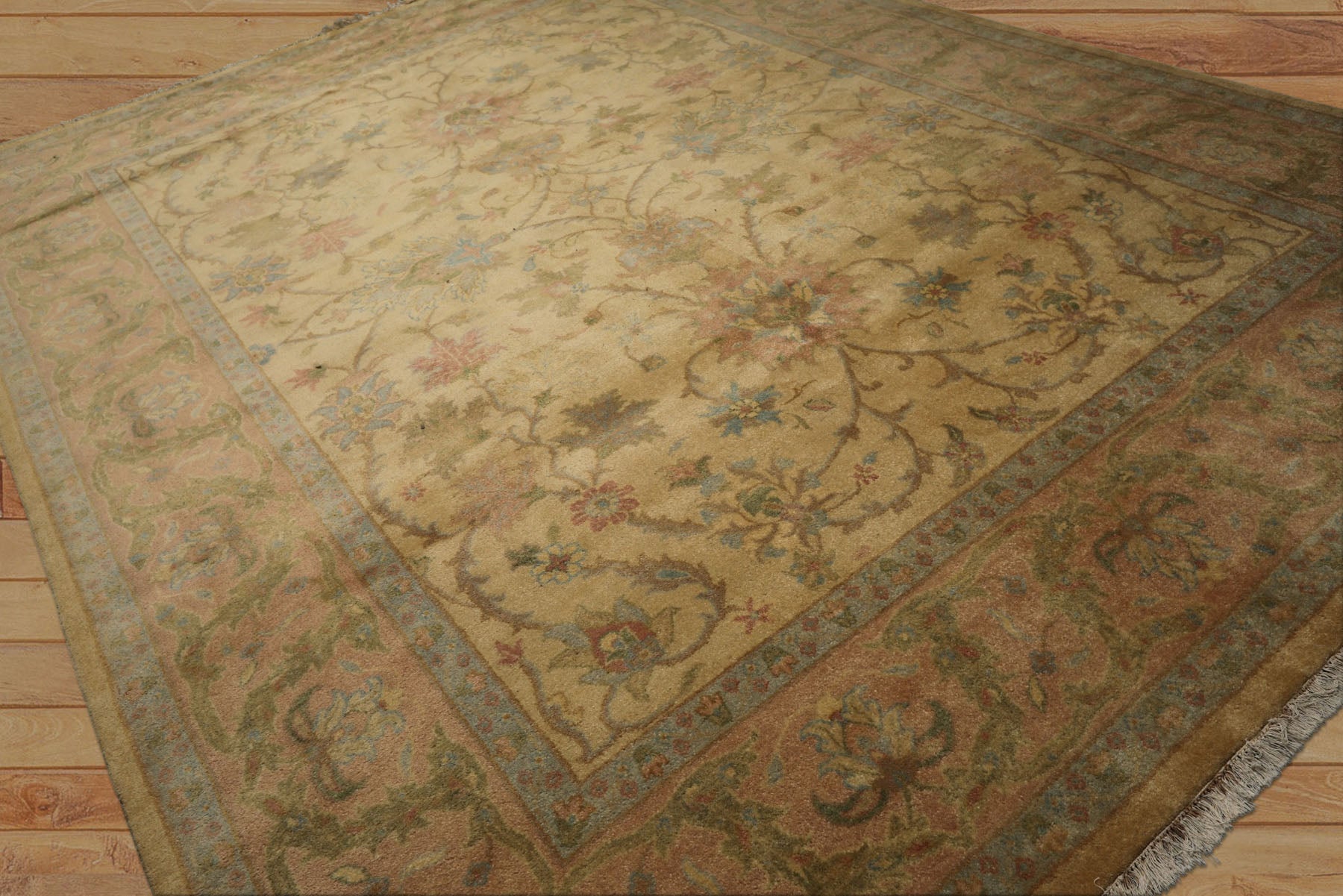 9x12 Light Gold, Brown, Green Color Hand Knotted Oushak Wool Traditional Oriental Rug