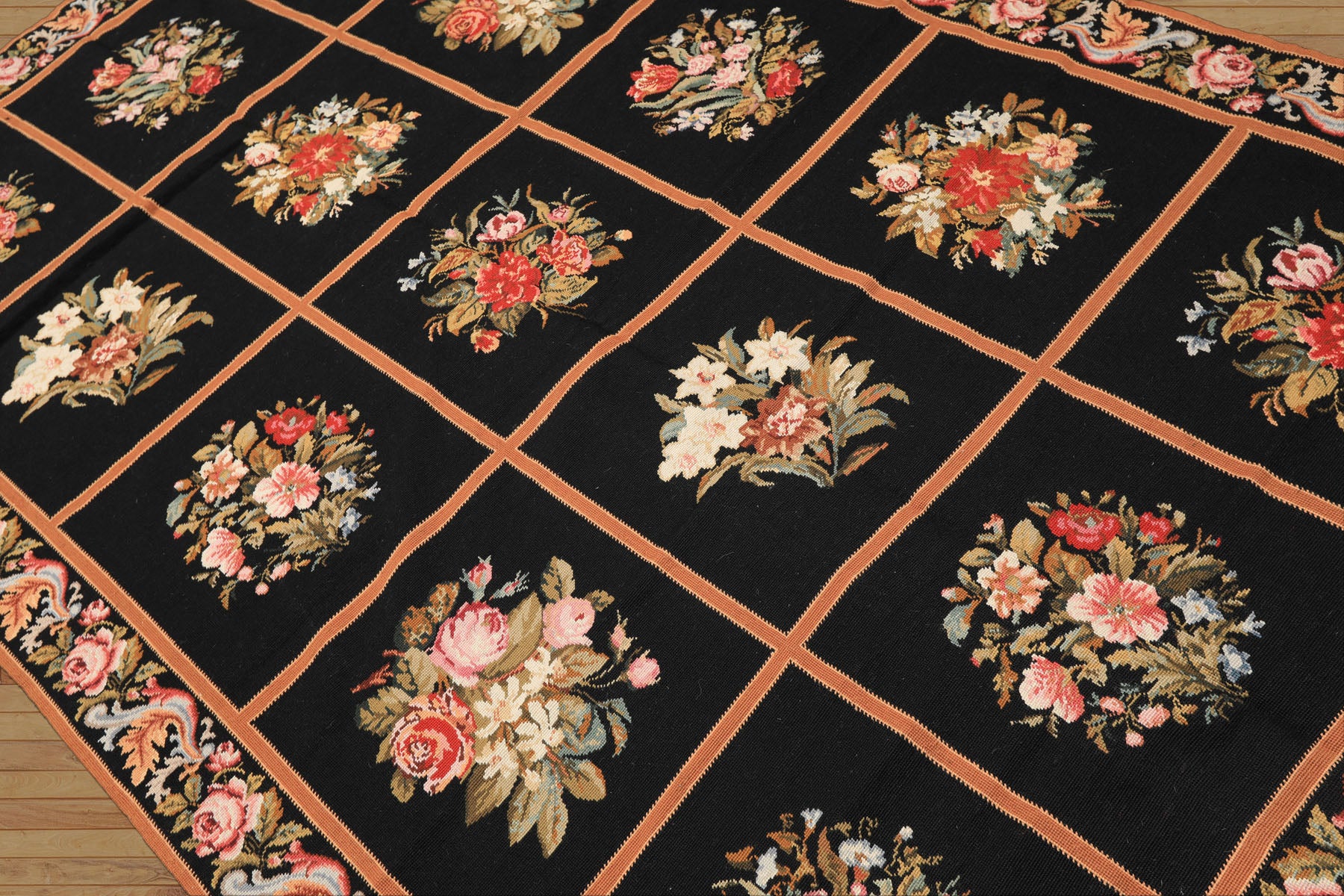 5x8 Black, Brown, Coral Color Hand Woven French Needlepoint Wool Traditional Oriental Rug