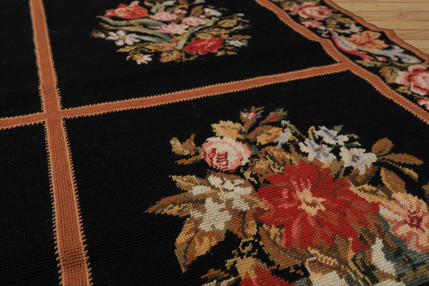5x8 Black, Brown, Coral Color Hand Woven French Needlepoint Wool Traditional Oriental Rug