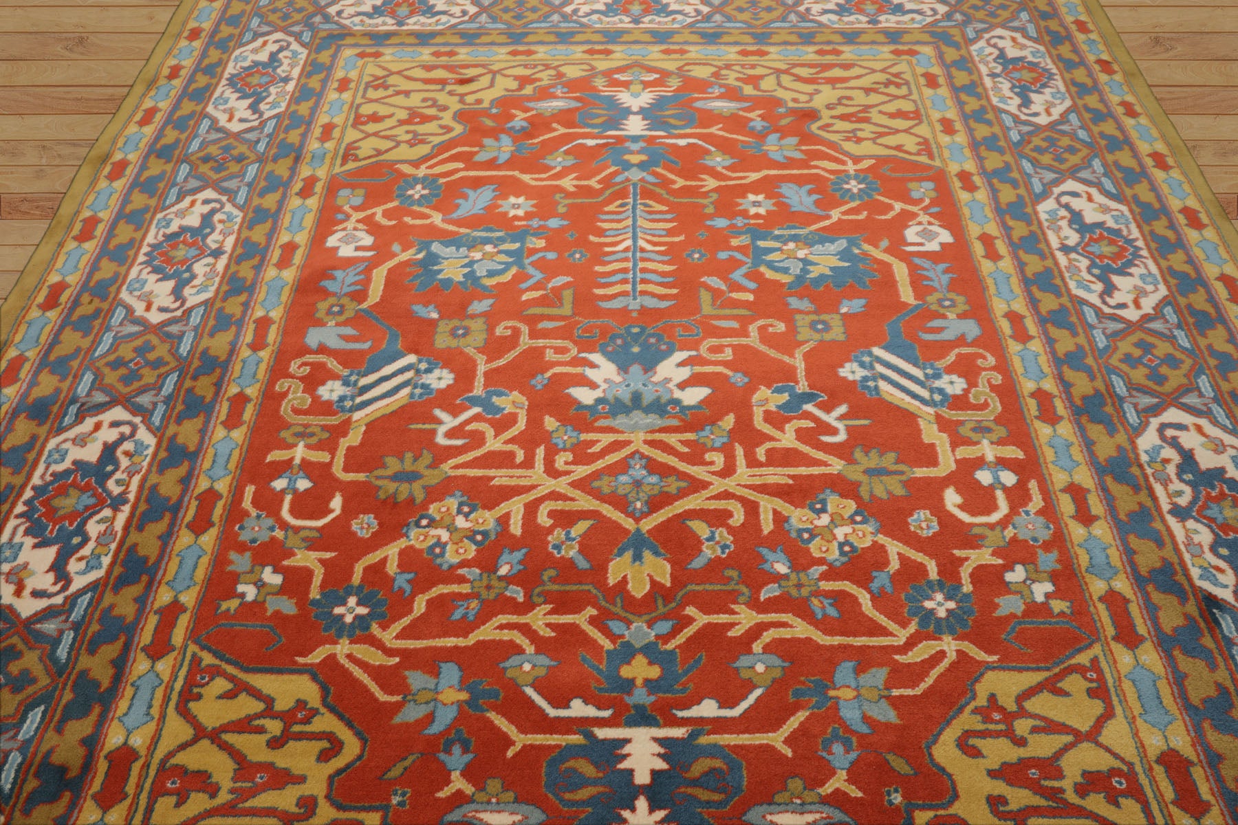 8x10 Orange, Gold, Ivory Color Hand Knotted Heriz Wool Traditional Oriental Rug