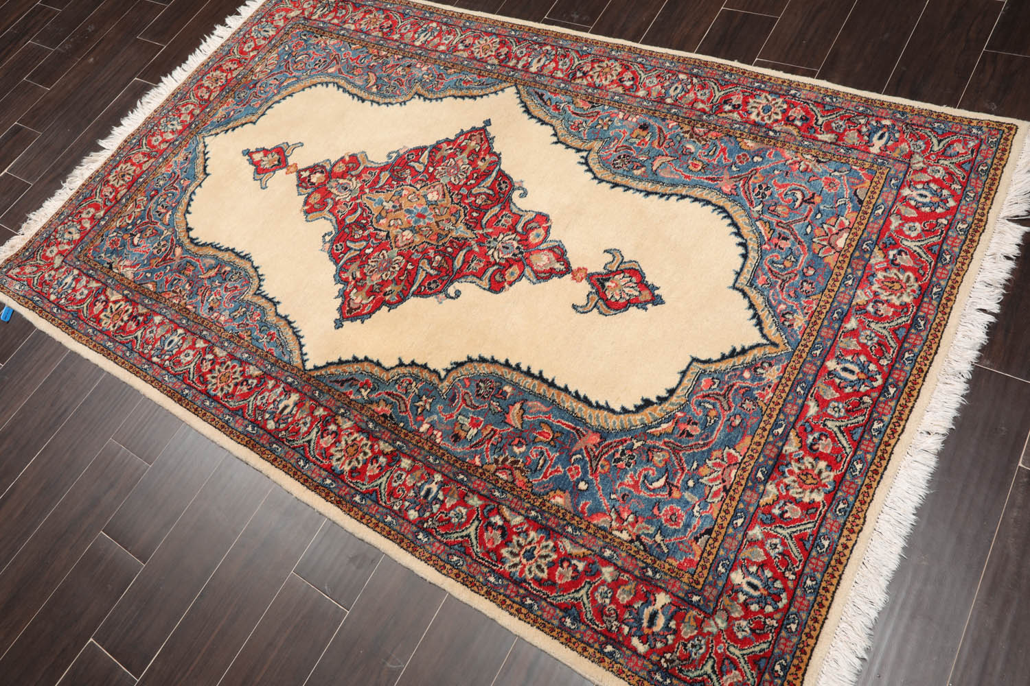 5x7 Ivory, Coral, Blue Color Hand Knotted All-Over 100% Wool Traditional Oriental Rug