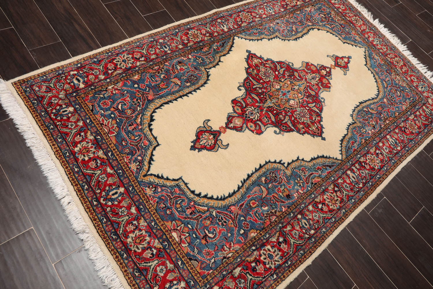 5x7 Ivory, Coral, Blue Color Hand Knotted All-Over 100% Wool Traditional Oriental Rug