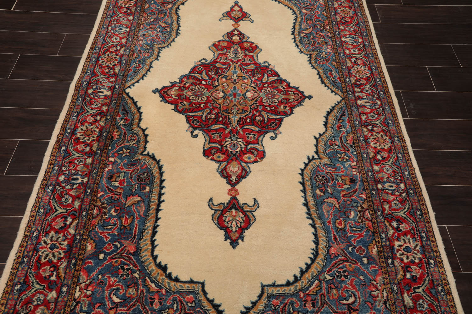 5x7 Ivory, Coral, Blue Color Hand Knotted All-Over 100% Wool Traditional Oriental Rug