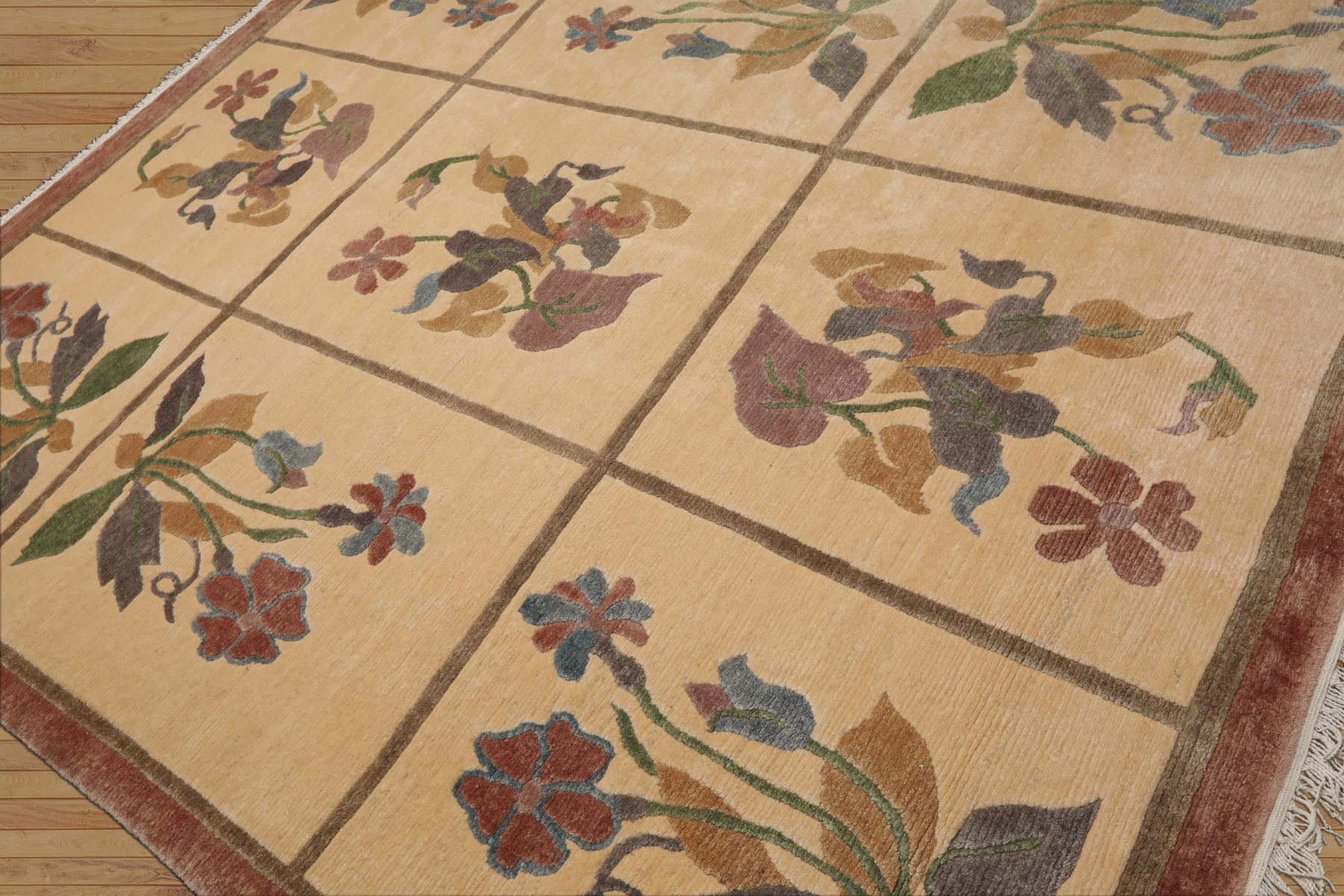 8x10 Ivory, Rust, Gray Color Hand Knotted Tibetan Wool Transitional Oriental Rug