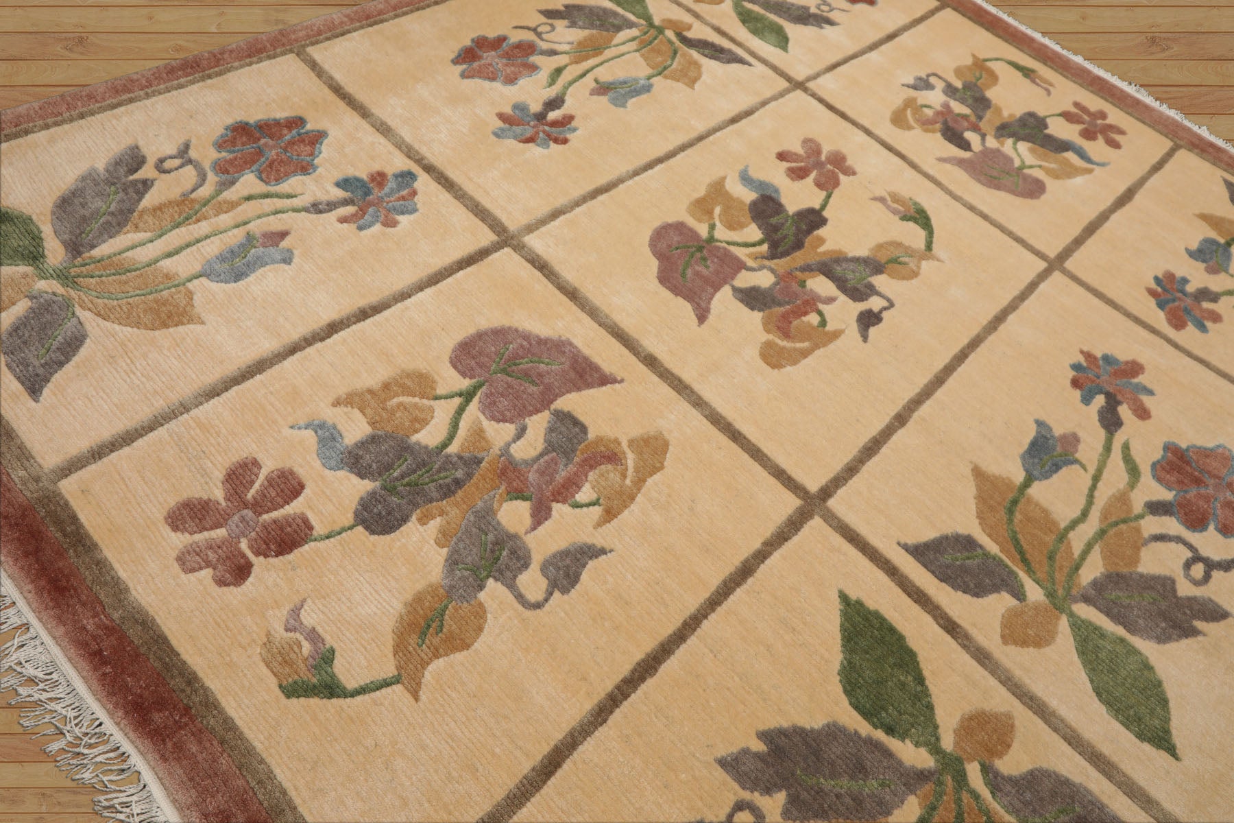 8x10 Ivory, Rust, Gray Color Hand Knotted Tibetan Wool Transitional Oriental Rug