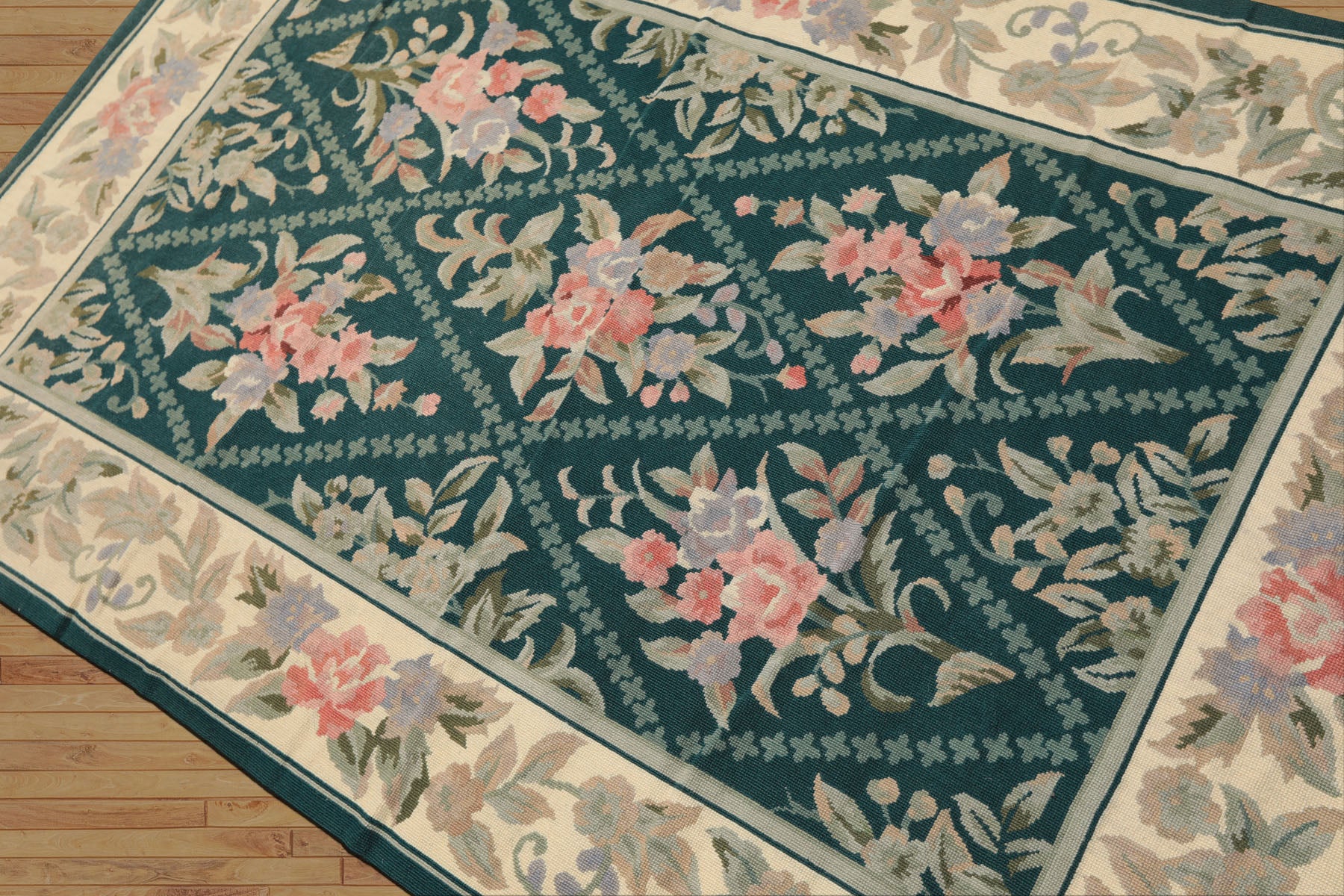 4x6 Teal, Ivory, Blush Color Hand Woven French Needlepoint Wool Traditional Oriental Rug