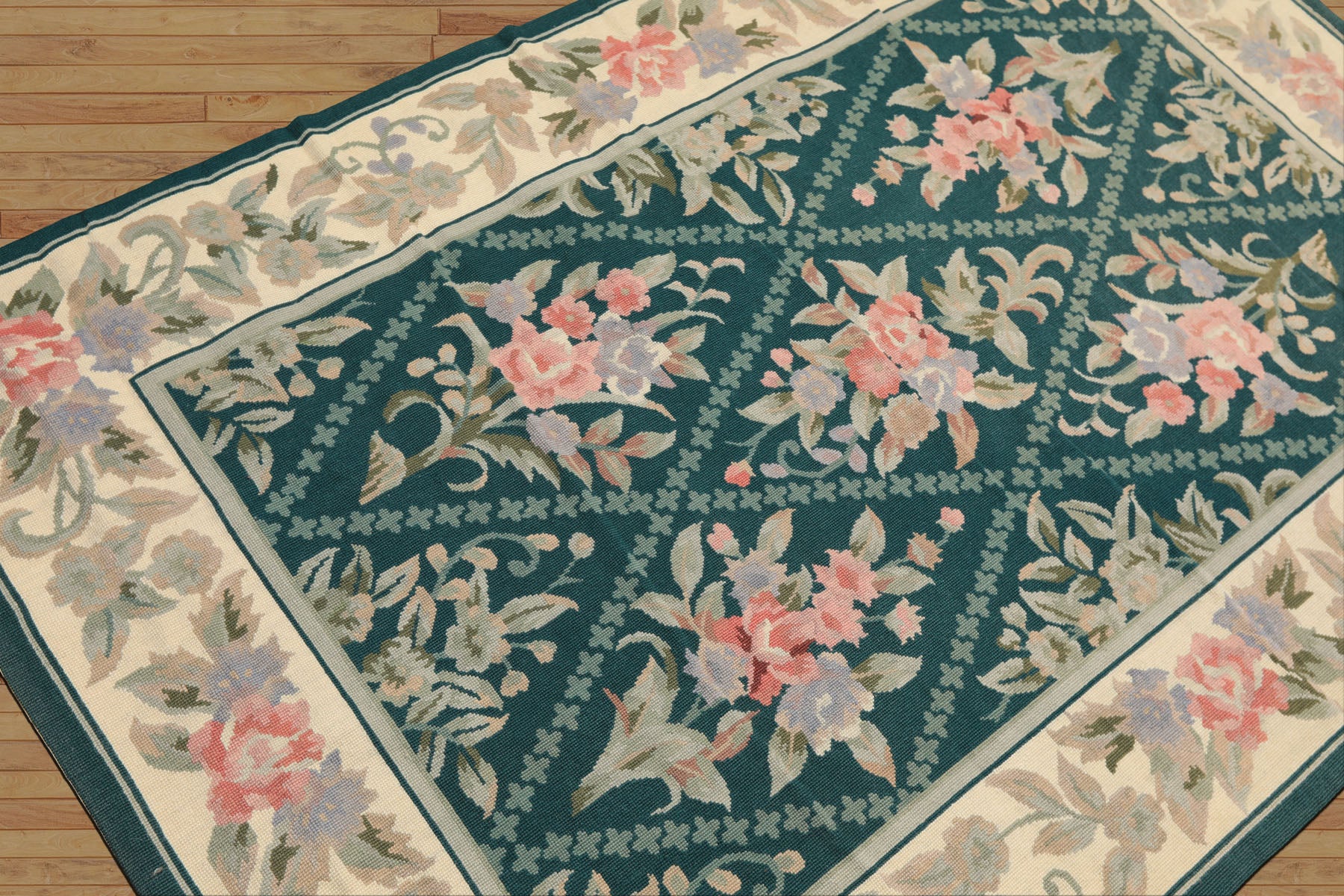 4x6 Teal, Ivory, Blush Color Hand Woven French Needlepoint Wool Traditional Oriental Rug