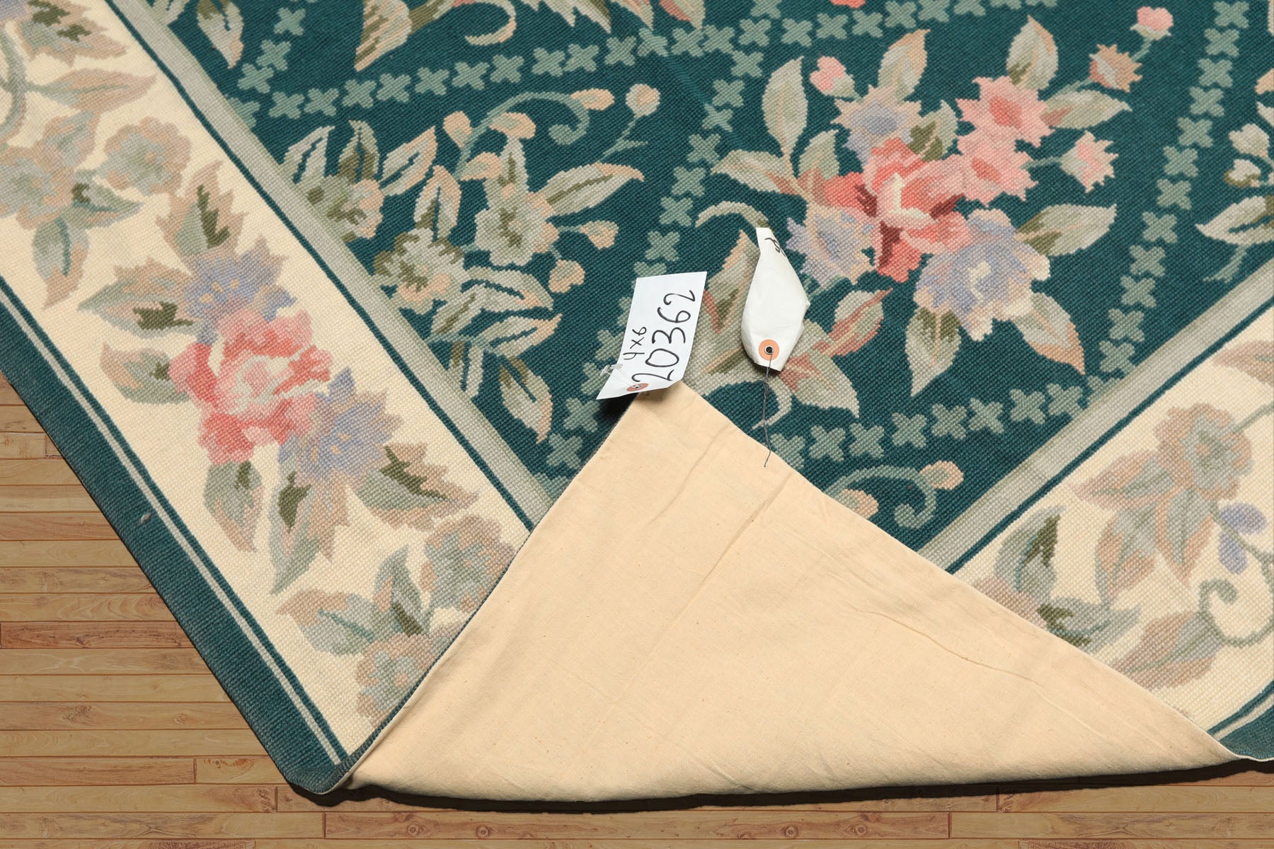 4x6 Teal, Ivory, Blush Color Hand Woven French Needlepoint Wool Traditional Oriental Rug