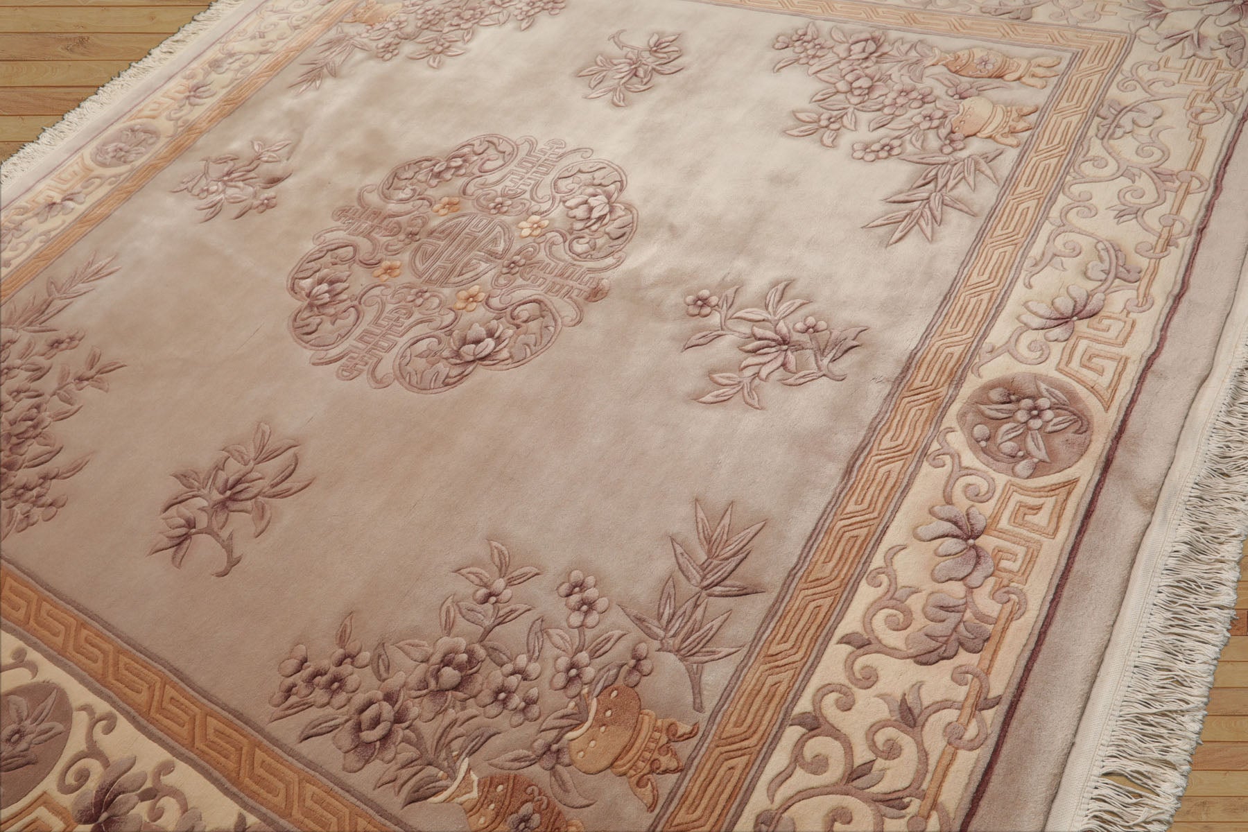 Square Taupe, Ivory, Tan Color Hand Knotted French Aubusson Savonnerie Wool Traditional Oriental Rug