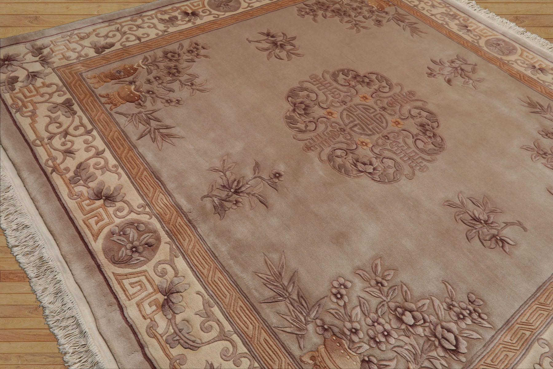 Square Taupe, Ivory, Tan Color Hand Knotted French Aubusson Savonnerie Wool Traditional Oriental Rug