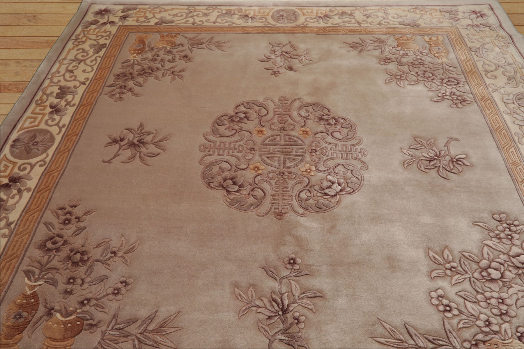 Square Taupe, Ivory, Tan Color Hand Knotted French Aubusson Savonnerie Wool Traditional Oriental Rug