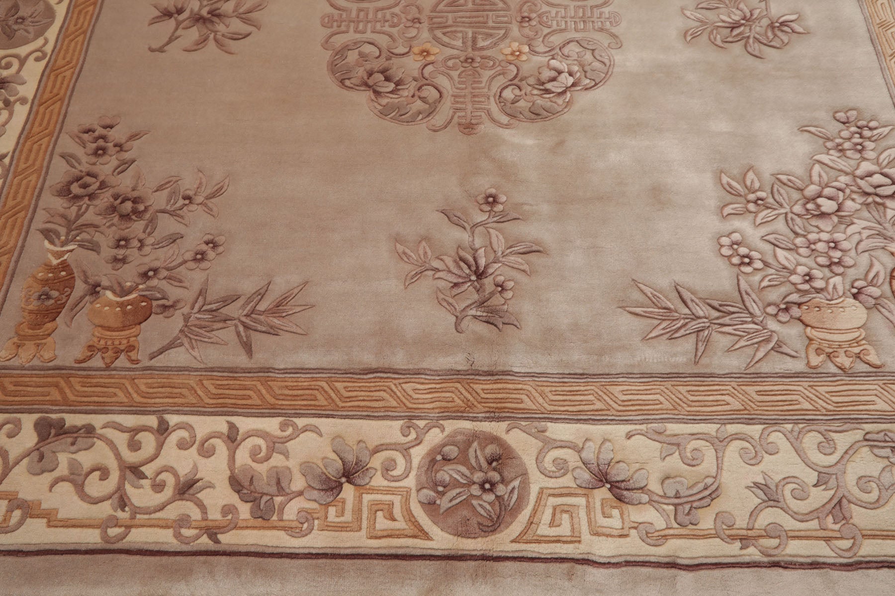 Square Taupe, Ivory, Tan Color Hand Knotted French Aubusson Savonnerie Wool Traditional Oriental Rug