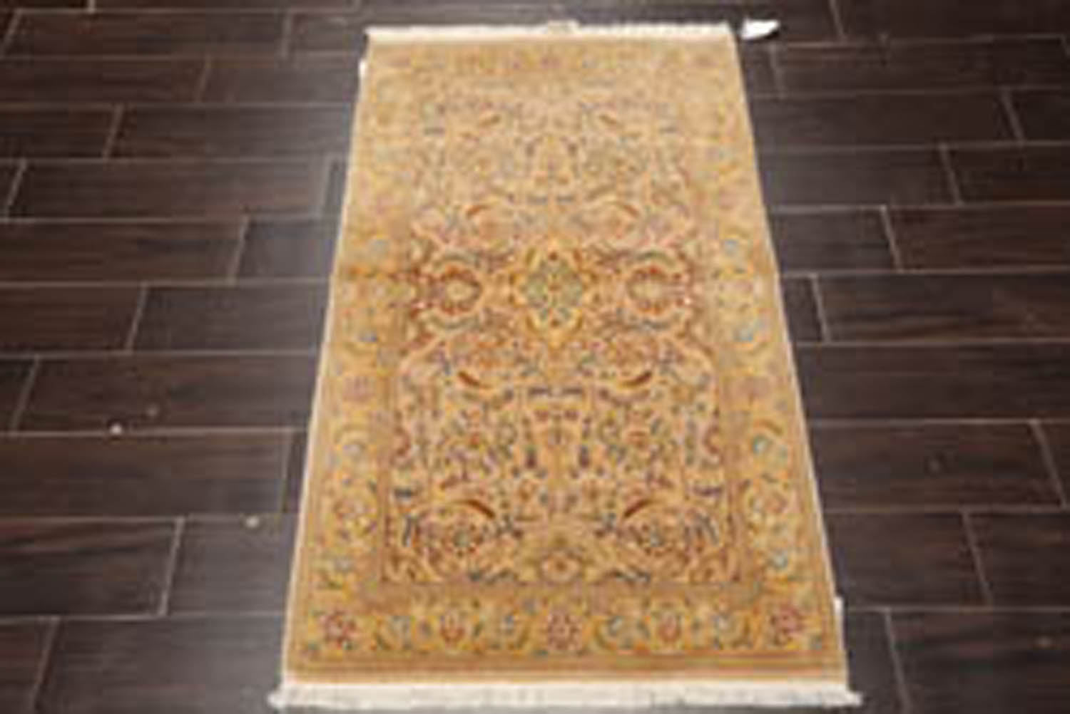 3x5 Tan, Light Gold, Blue Color Hand Knotted All-Over 100% Wool Traditional Oriental Rug