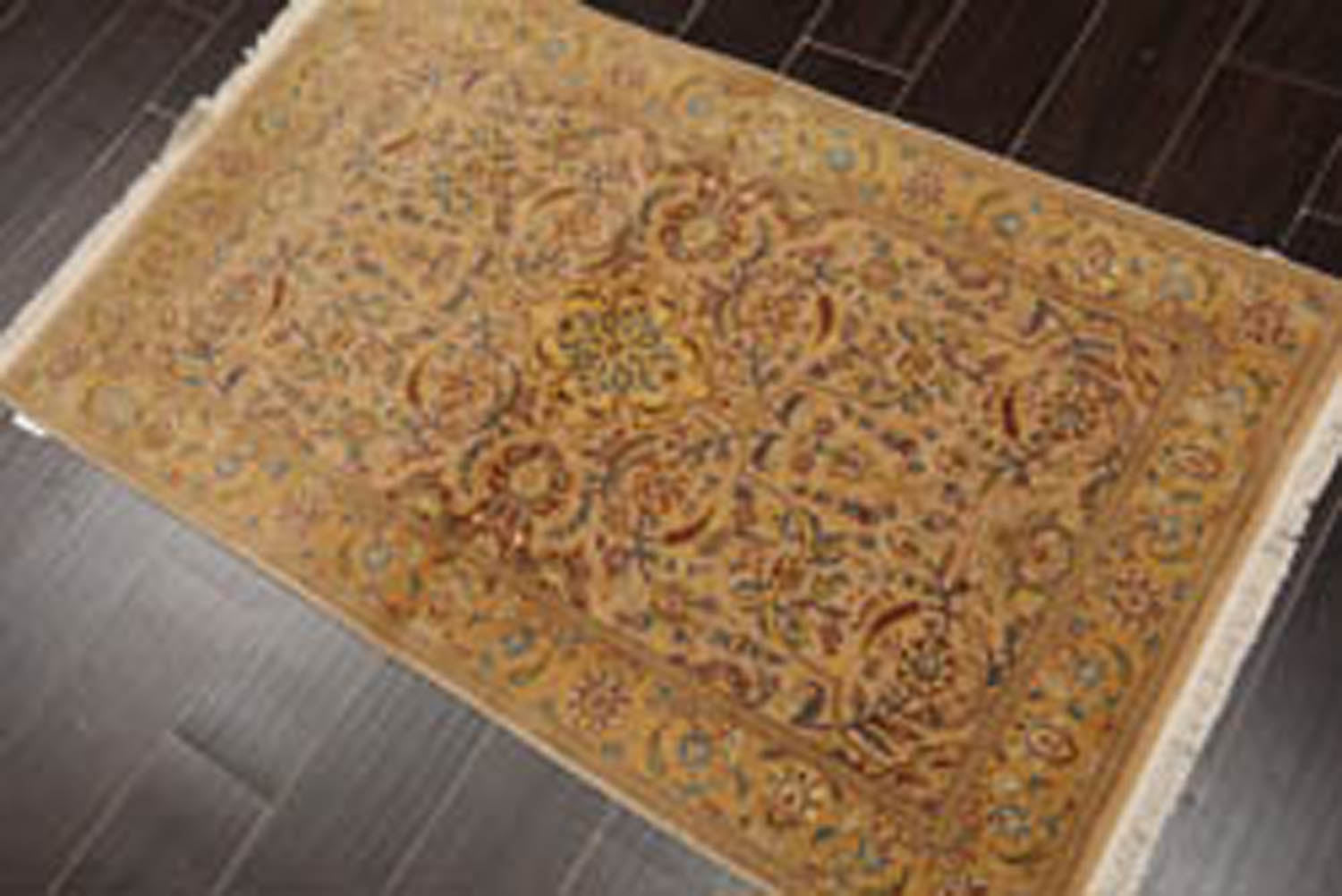 3x5 Tan, Light Gold, Blue Color Hand Knotted All-Over 100% Wool Traditional Oriental Rug