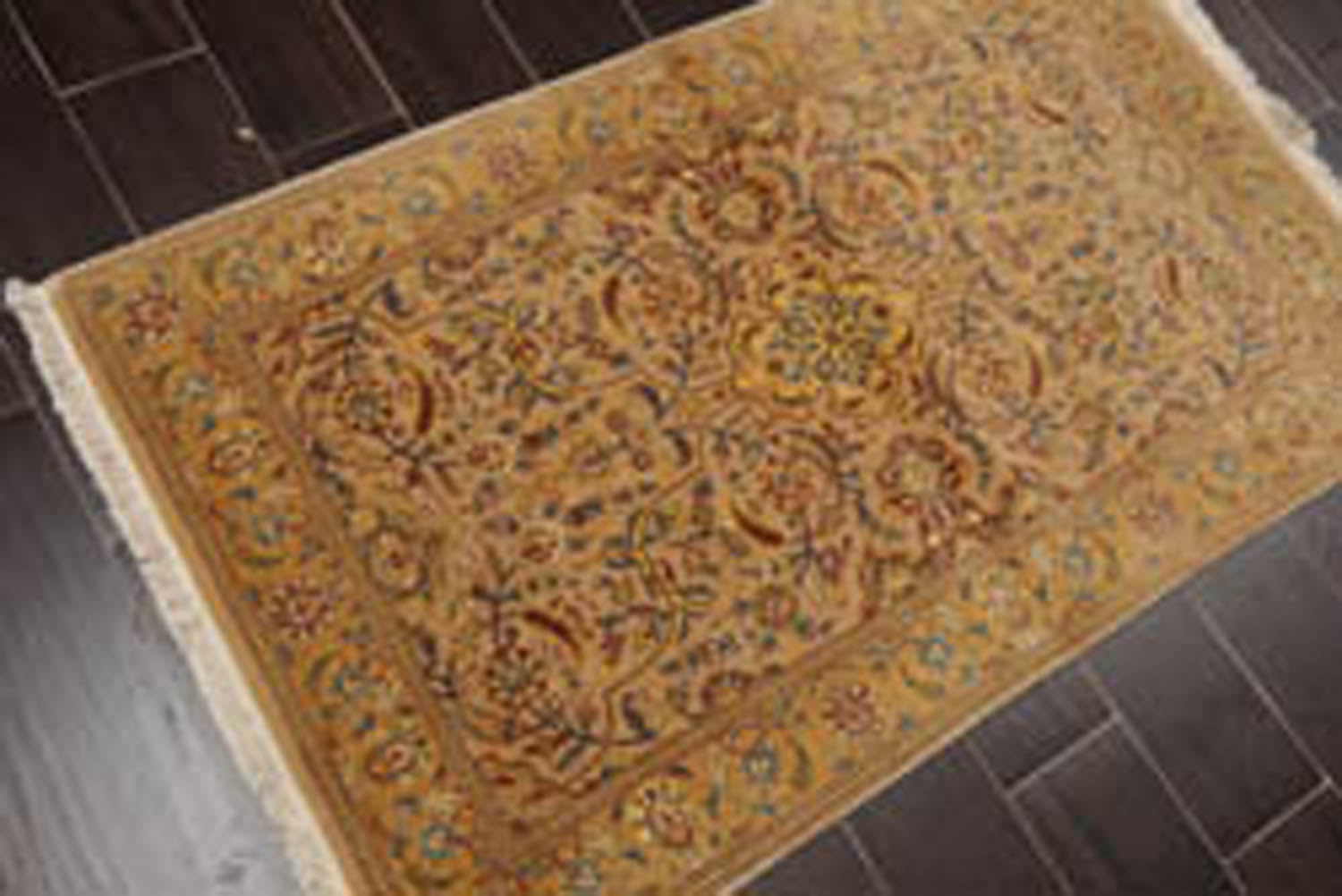 3x5 Tan, Light Gold, Blue Color Hand Knotted All-Over 100% Wool Traditional Oriental Rug