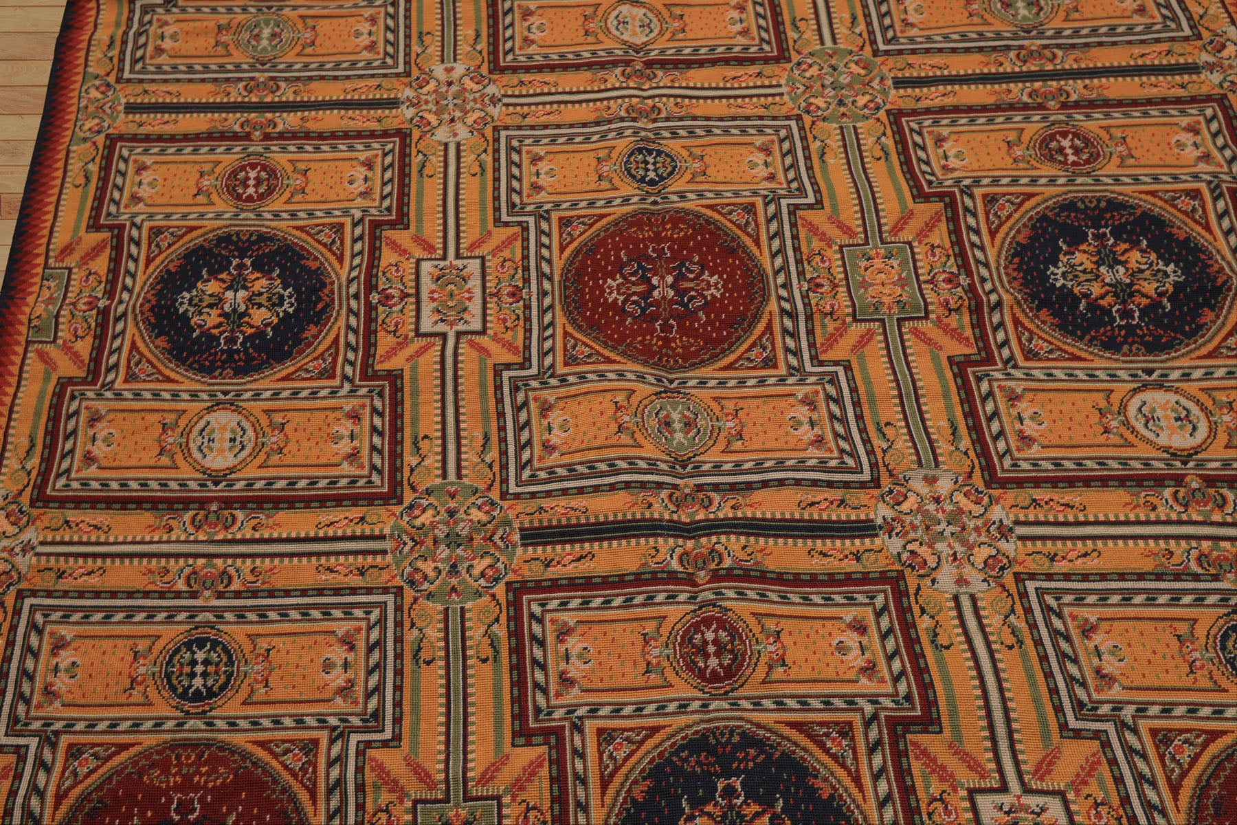 5x8 Gold, Navy, Green Color Hand Woven French Needlepoint Wool Traditional Oriental Rug