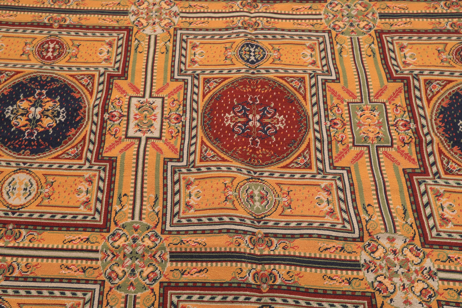 5x8 Gold, Navy, Green Color Hand Woven French Needlepoint Wool Traditional Oriental Rug