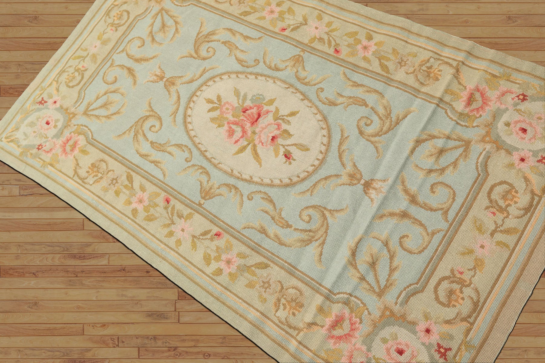 3x5 Aqua, Mint, Gold Color Hand Woven French Needlepoint Wool Traditional Oriental Rug