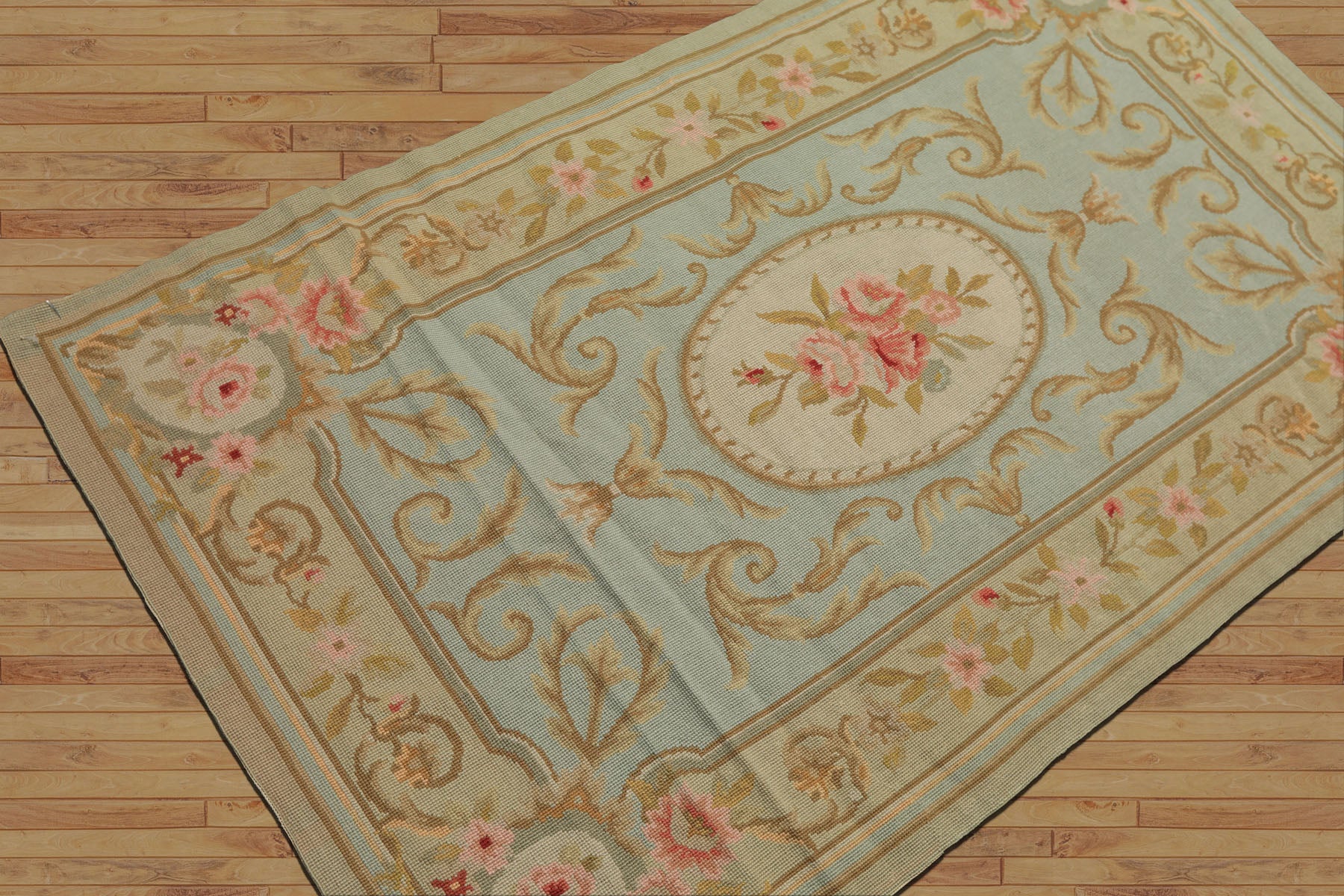 3x5 Aqua, Mint, Gold Color Hand Woven French Needlepoint Wool Traditional Oriental Rug