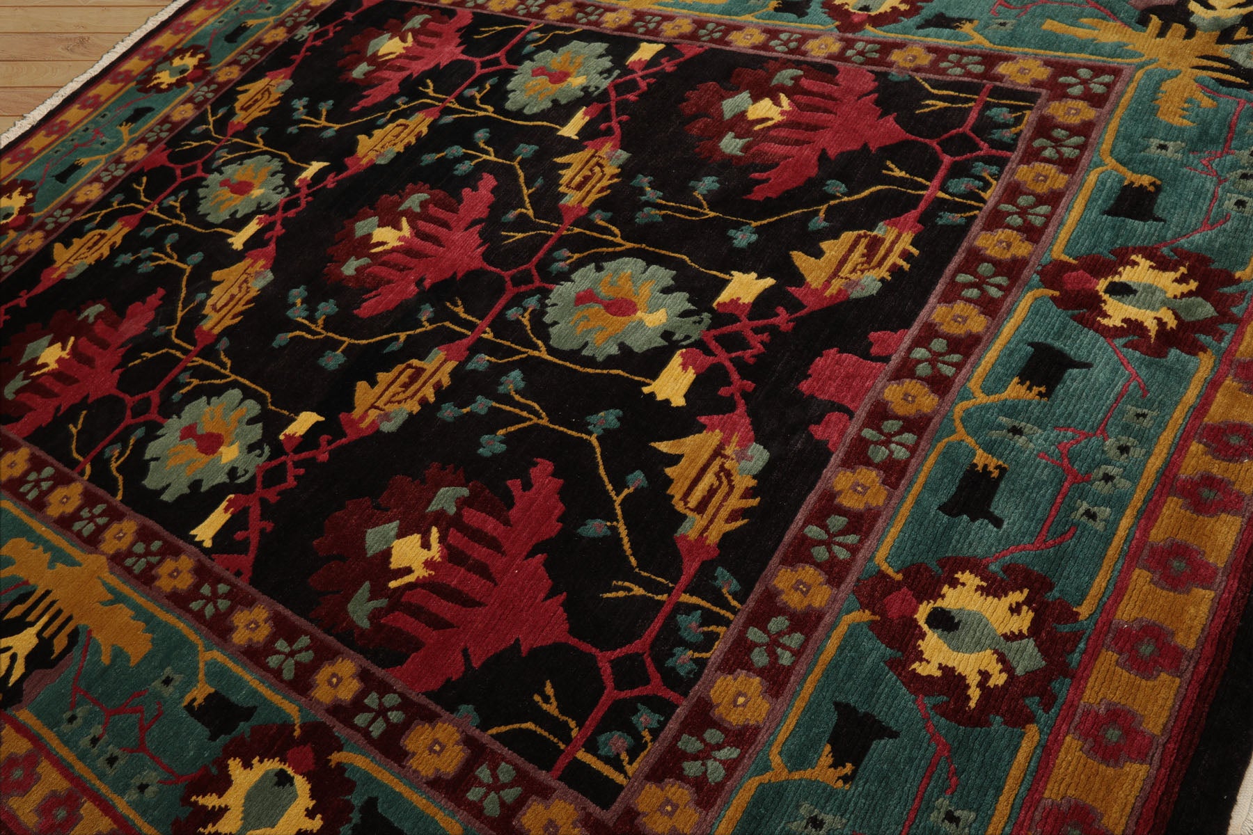 8x10 Charcoal, Turquoise, Rose Color Hand Knotted Tibetan Wool Arts & Crafts Oriental Rug