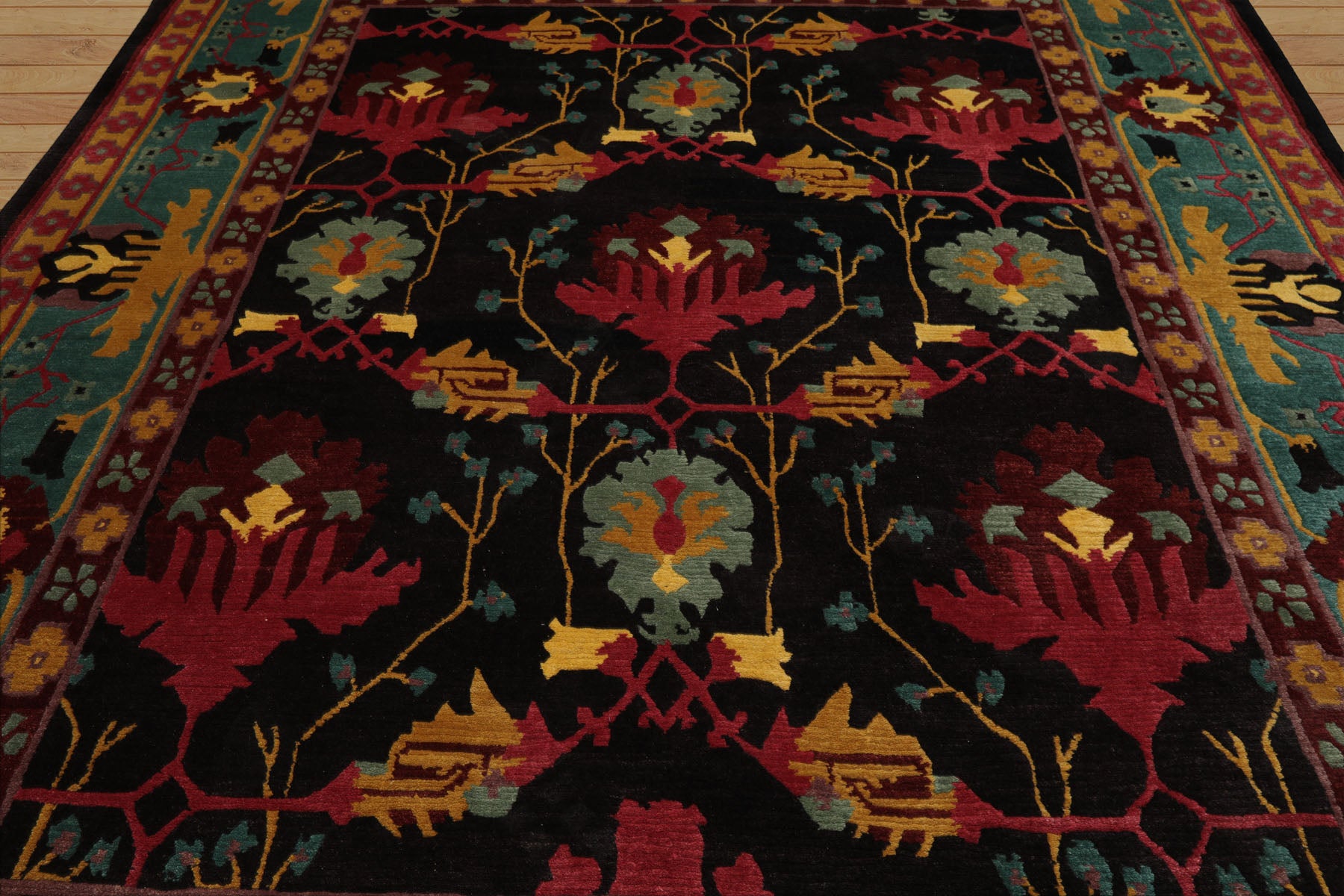 8x10 Charcoal, Turquoise, Rose Color Hand Knotted Tibetan Wool Arts & Crafts Oriental Rug