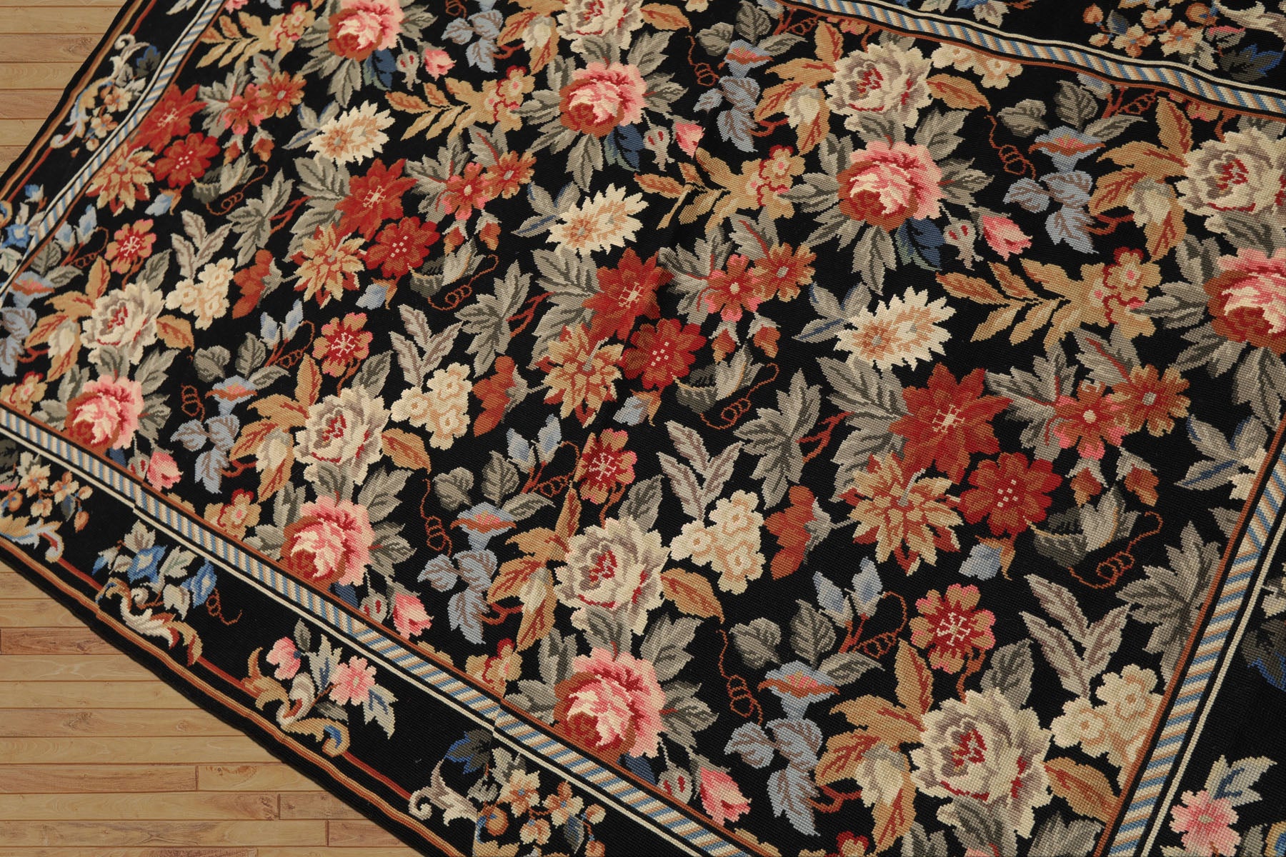 4x6 Black, Ivory, Tan Color Hand Woven French Needlepoint Wool Traditional Oriental Rug