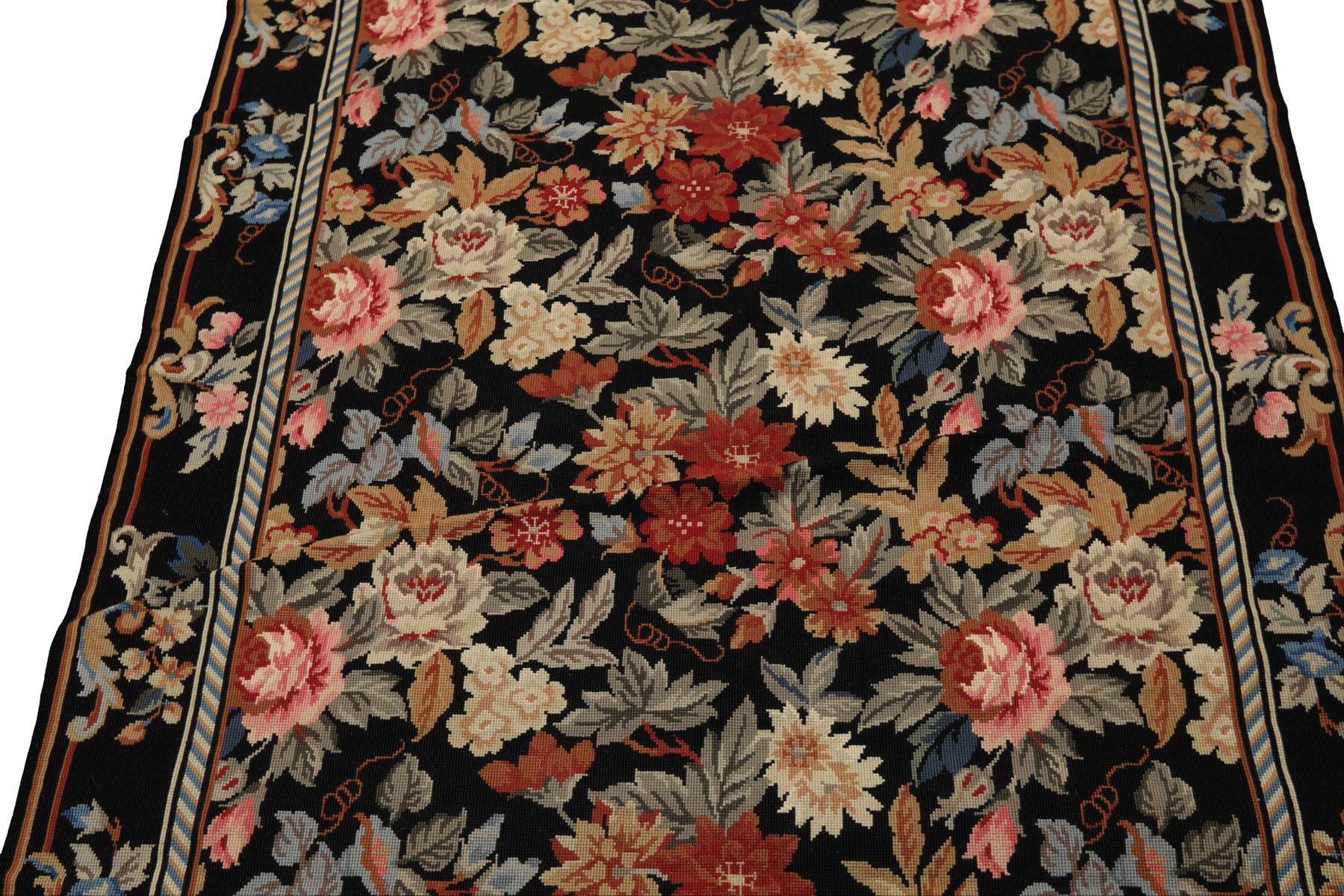 4x6 Black, Ivory, Tan Color Hand Woven French Needlepoint Wool Traditional Oriental Rug