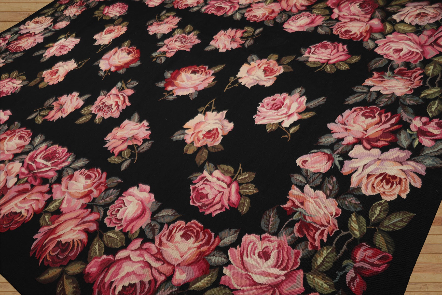 9x12 Black, Pink, Green Color Hand Woven French Aubusson Needlepoint  Wool Traditional Oriental Rug