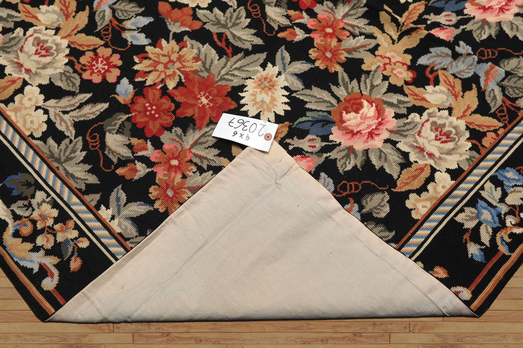 4x6 Black, Ivory, Tan Color Hand Woven French Needlepoint Wool Traditional Oriental Rug