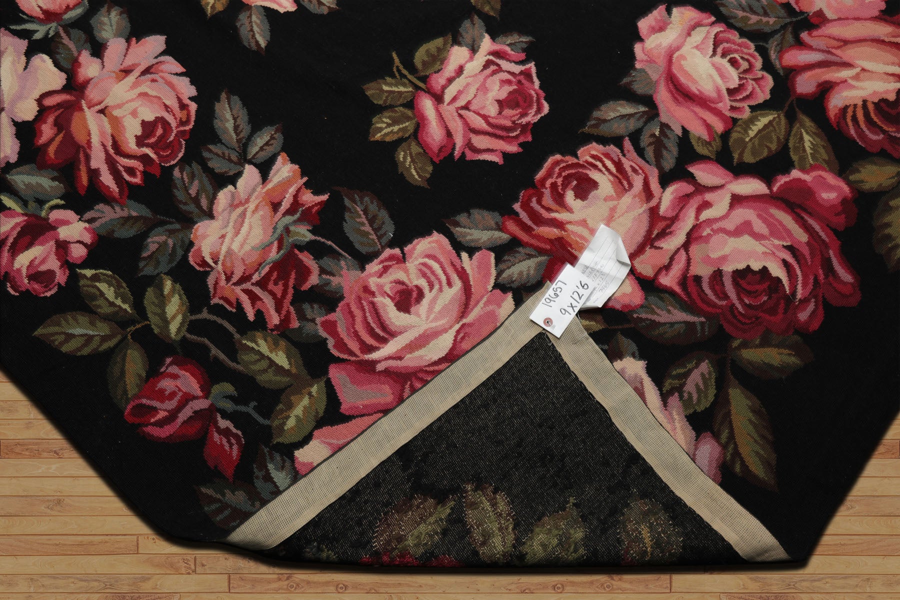 9x12 Black, Pink, Green Color Hand Woven French Aubusson Needlepoint  Wool Traditional Oriental Rug
