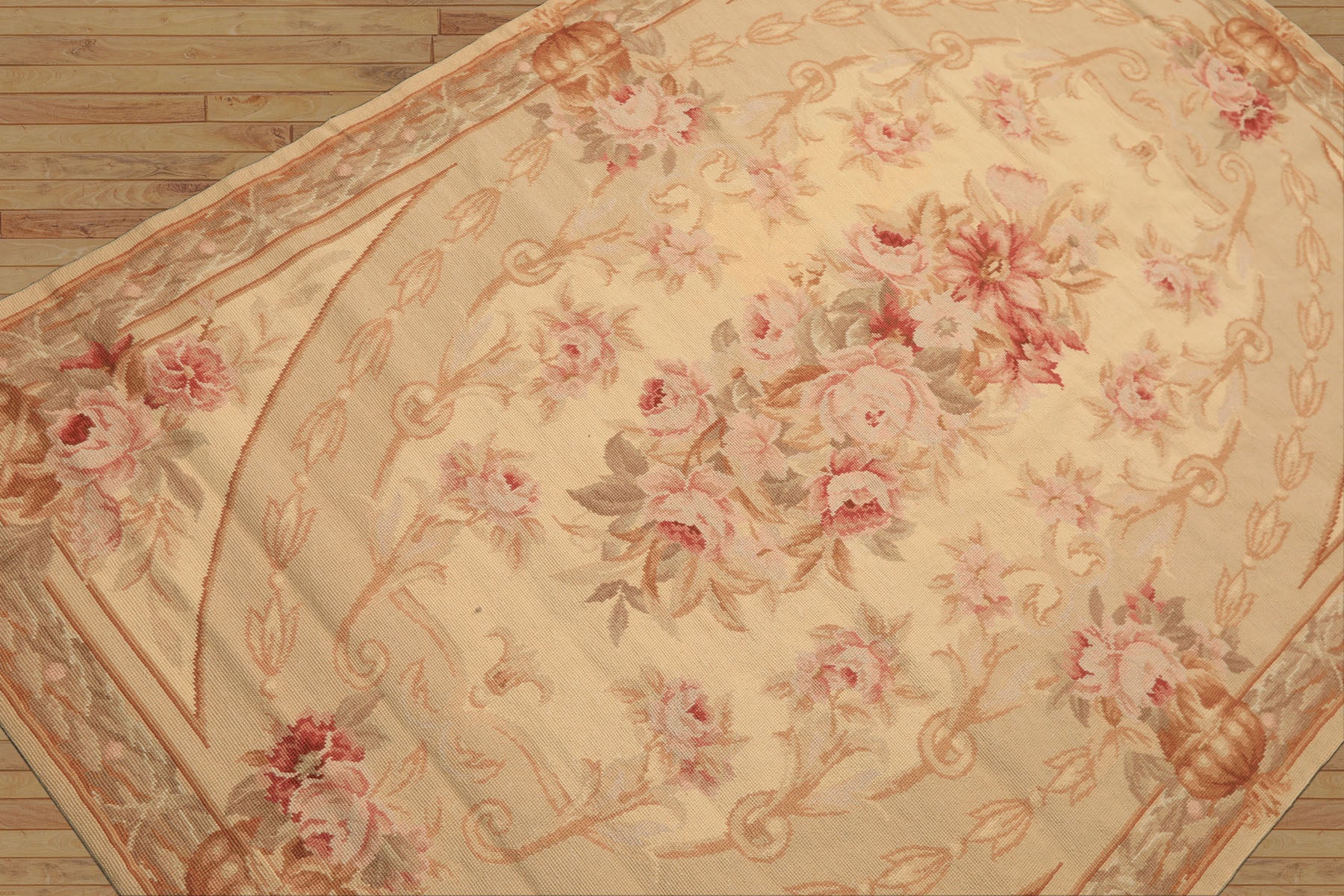 4x6 Beige, Brown, Tan Color Hand Woven French Needlepoint Wool Traditional Oriental Rug