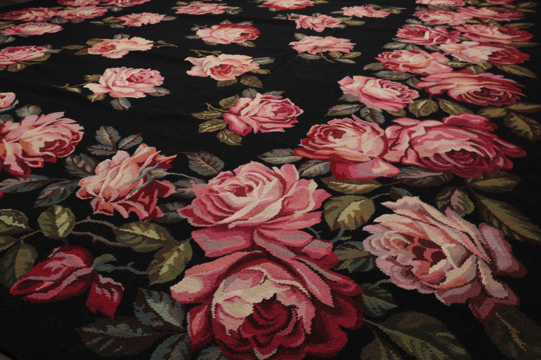 9x12 Black, Pink, Green Color Hand Woven French Aubusson Needlepoint  Wool Traditional Oriental Rug