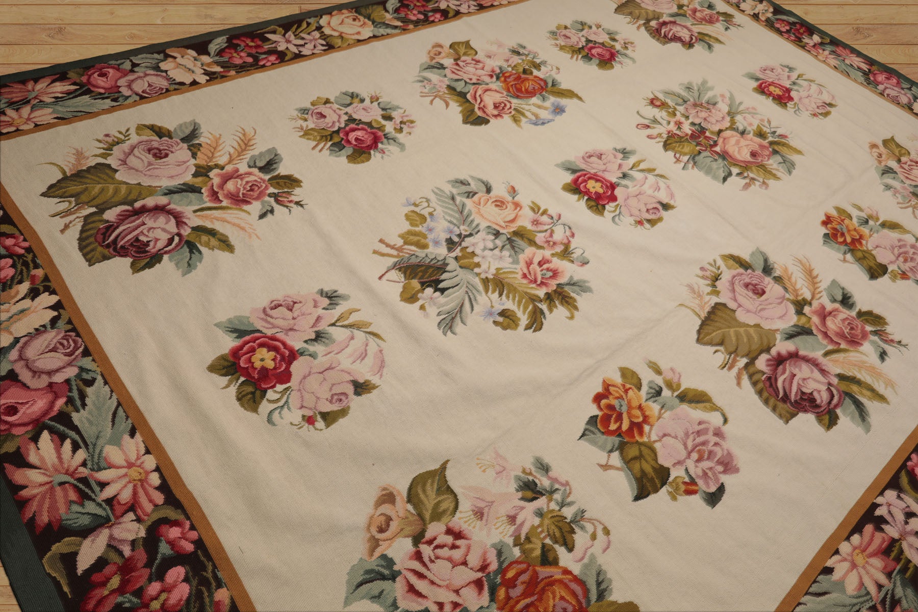 9x12 Ivory, Chocolate, Green Color Hand Woven French Aubusson Needlepoint  Wool Traditional Oriental Rug