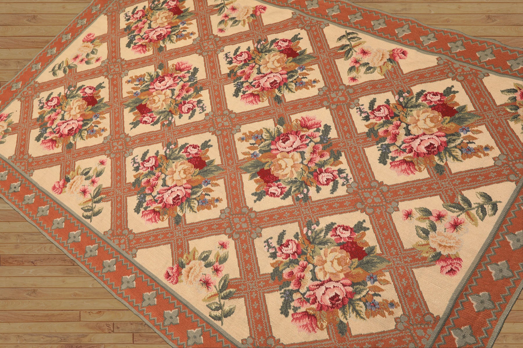 4x7 Light Peach, Burnt Orange, Pink Color Hand Woven French Needlepoint Wool Traditional Oriental Rug