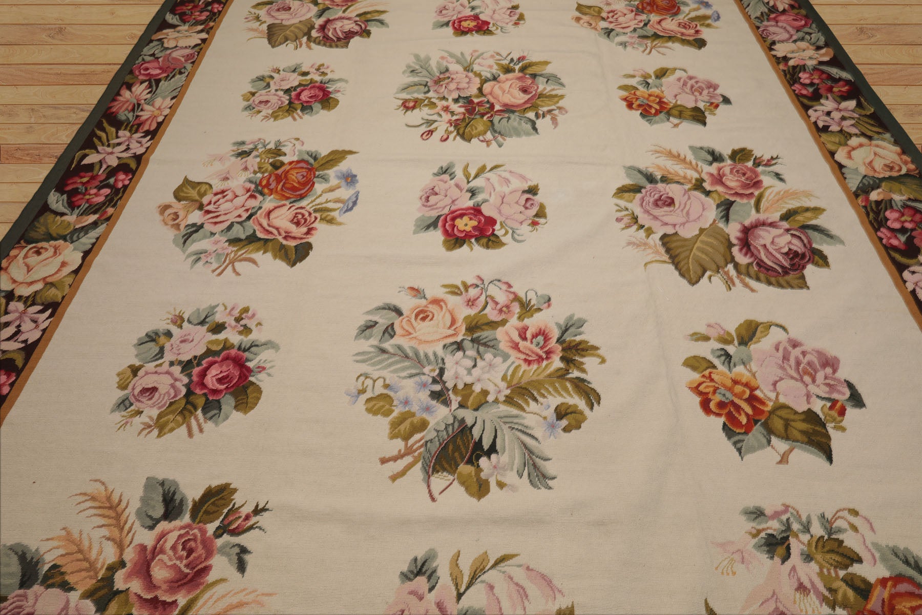 9x12 Ivory, Chocolate, Green Color Hand Woven French Aubusson Needlepoint  Wool Traditional Oriental Rug
