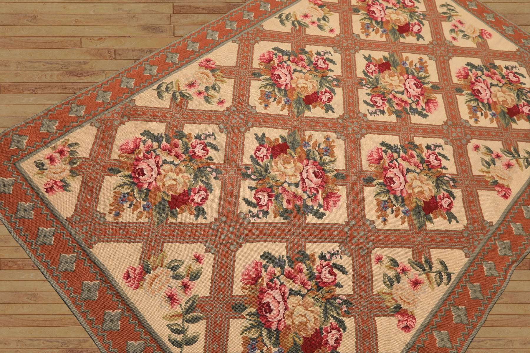 4x7 Light Peach, Burnt Orange, Pink Color Hand Woven French Needlepoint Wool Traditional Oriental Rug
