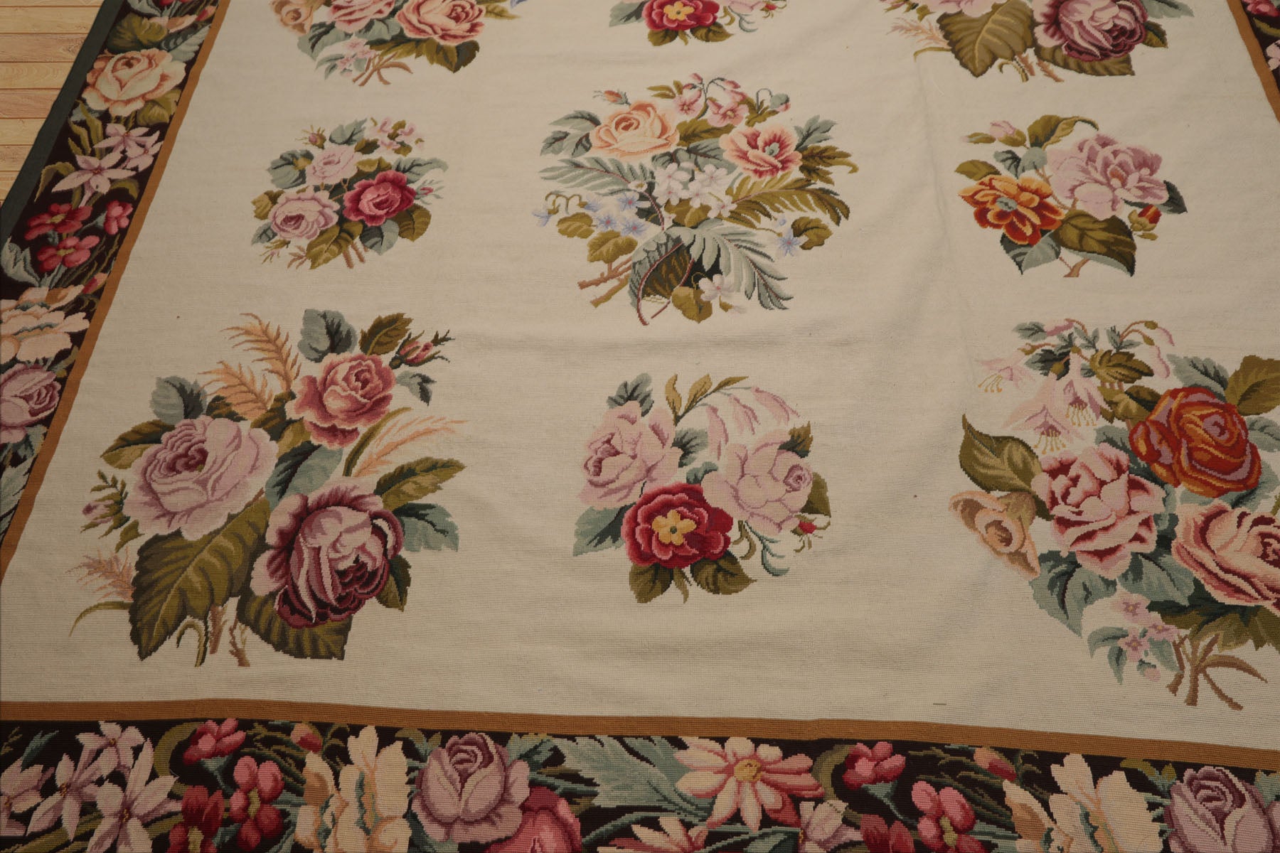 9x12 Ivory, Chocolate, Green Color Hand Woven French Aubusson Needlepoint  Wool Traditional Oriental Rug