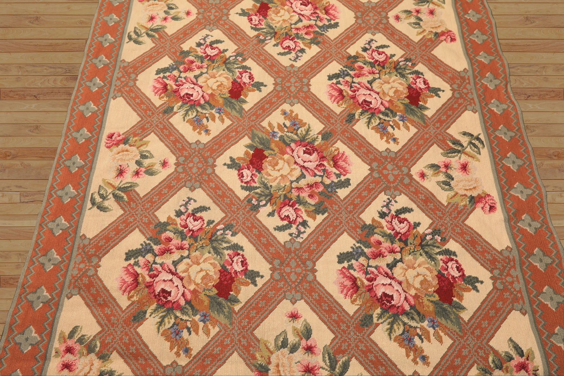 4x7 Light Peach, Burnt Orange, Pink Color Hand Woven French Needlepoint Wool Traditional Oriental Rug