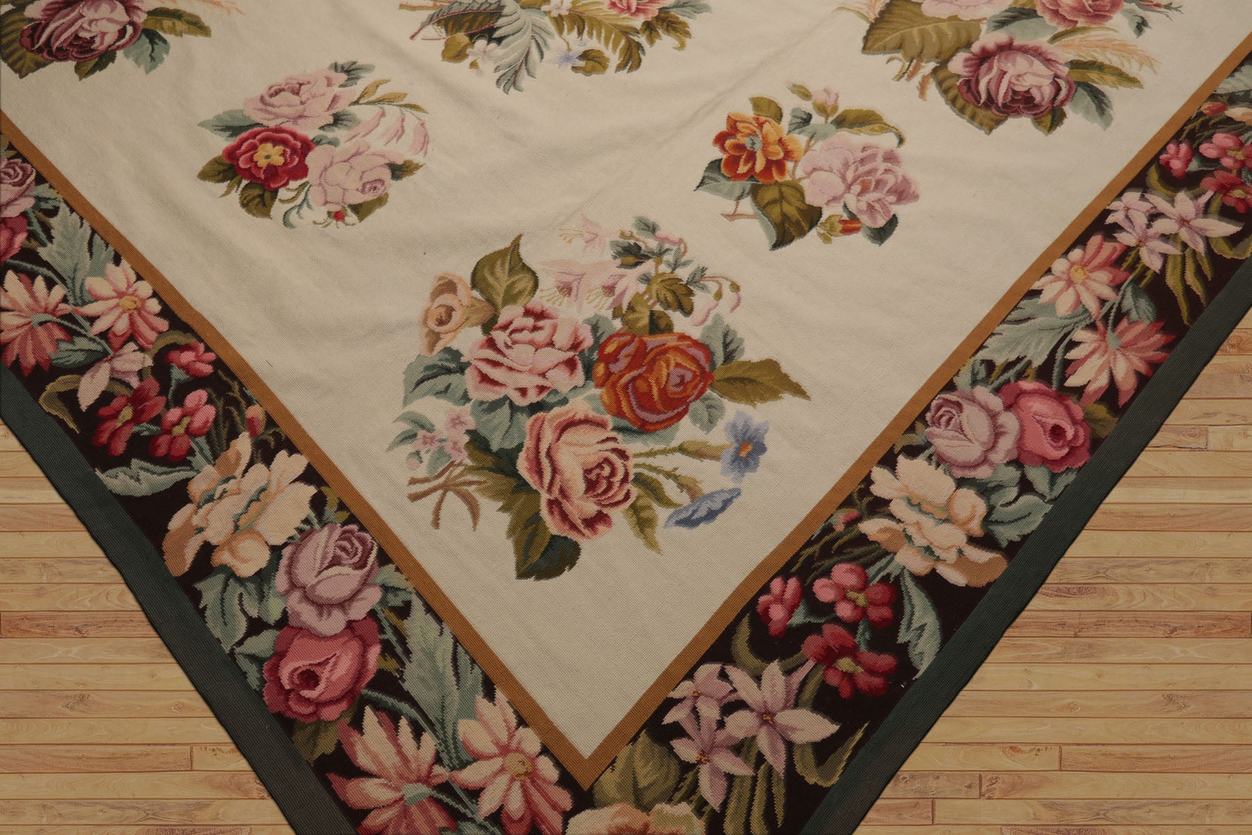 9x12 Ivory, Chocolate, Green Color Hand Woven French Aubusson Needlepoint  Wool Traditional Oriental Rug
