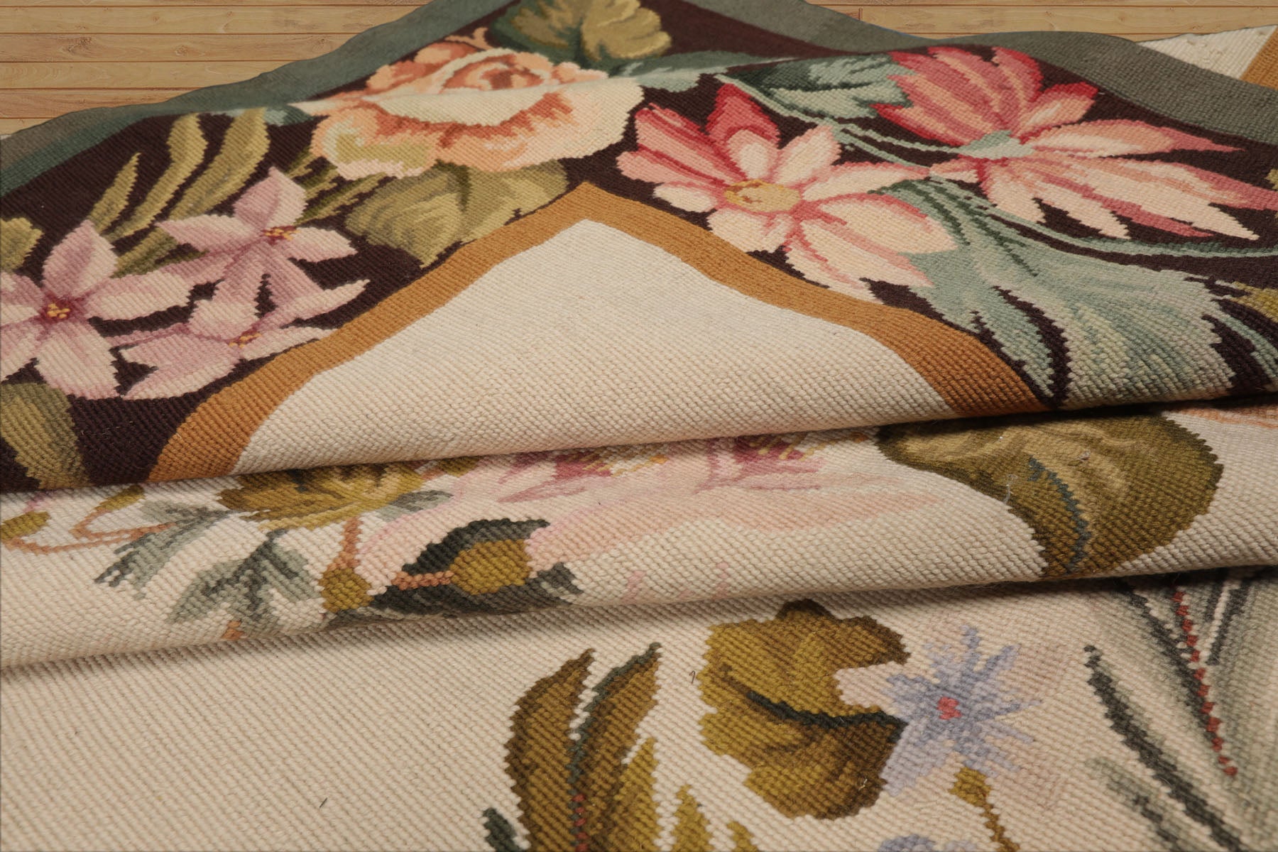 9x12 Ivory, Chocolate, Green Color Hand Woven French Aubusson Needlepoint  Wool Traditional Oriental Rug