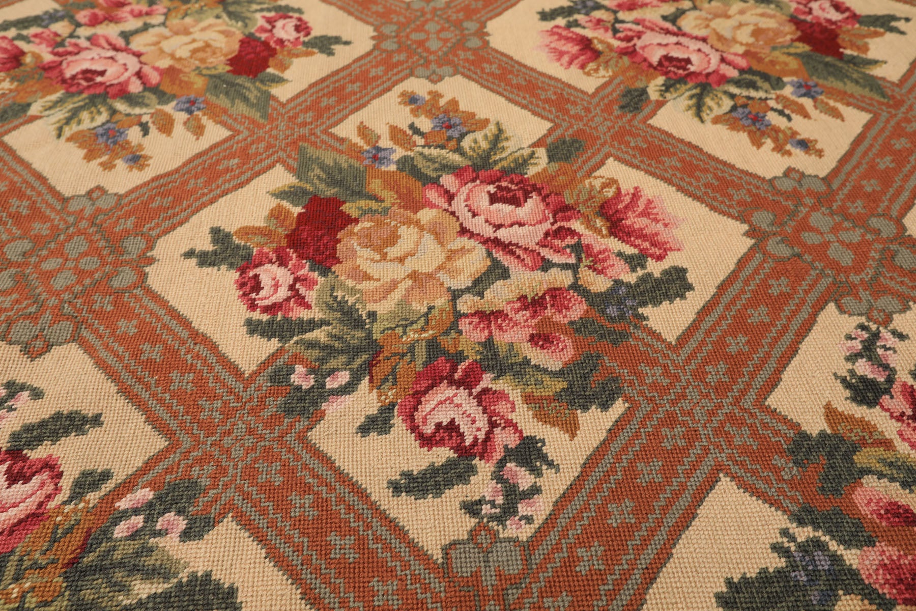 4x7 Light Peach, Burnt Orange, Pink Color Hand Woven French Needlepoint Wool Traditional Oriental Rug