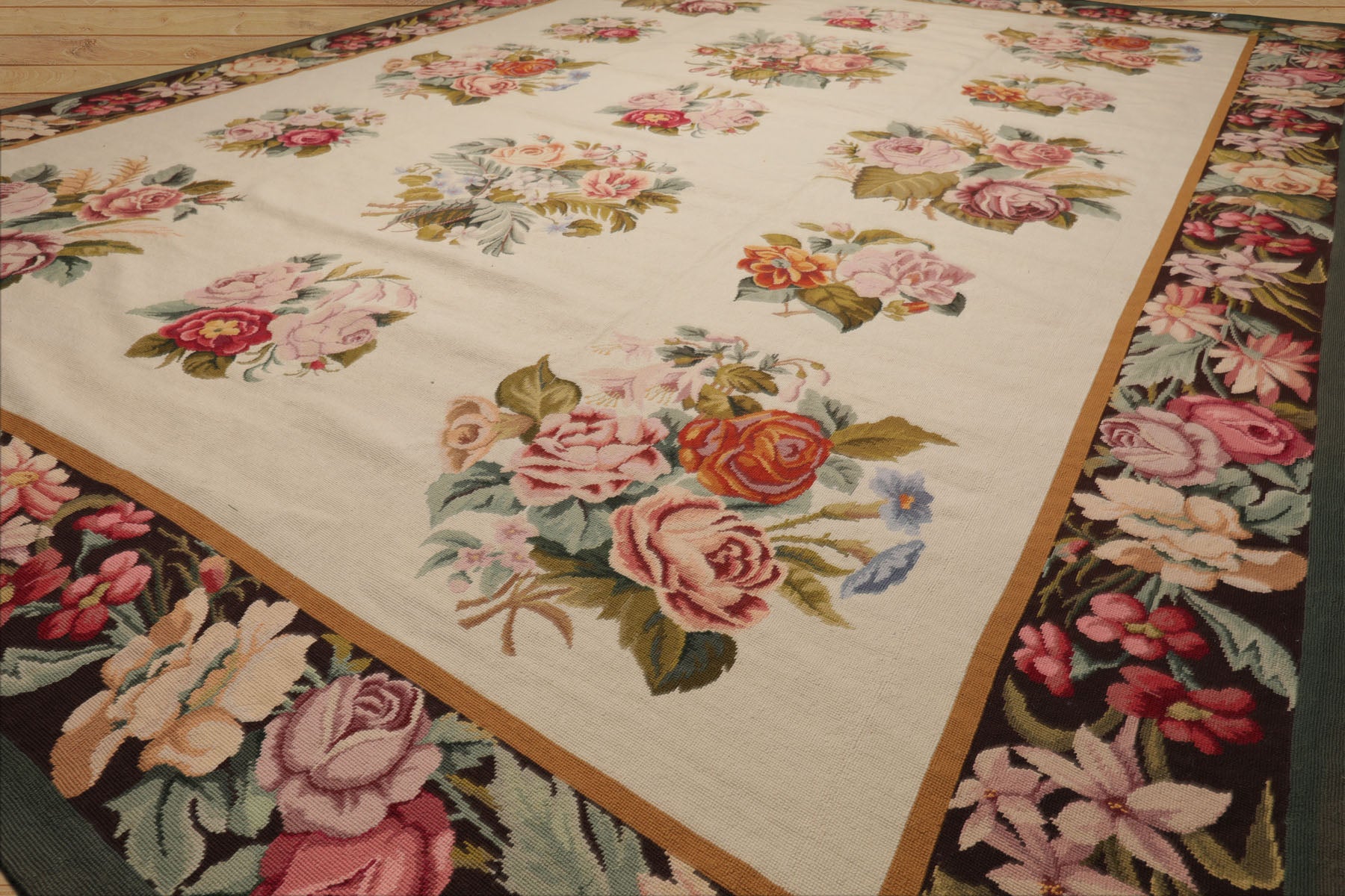 9x12 Ivory, Chocolate, Green Color Hand Woven French Aubusson Needlepoint  Wool Traditional Oriental Rug