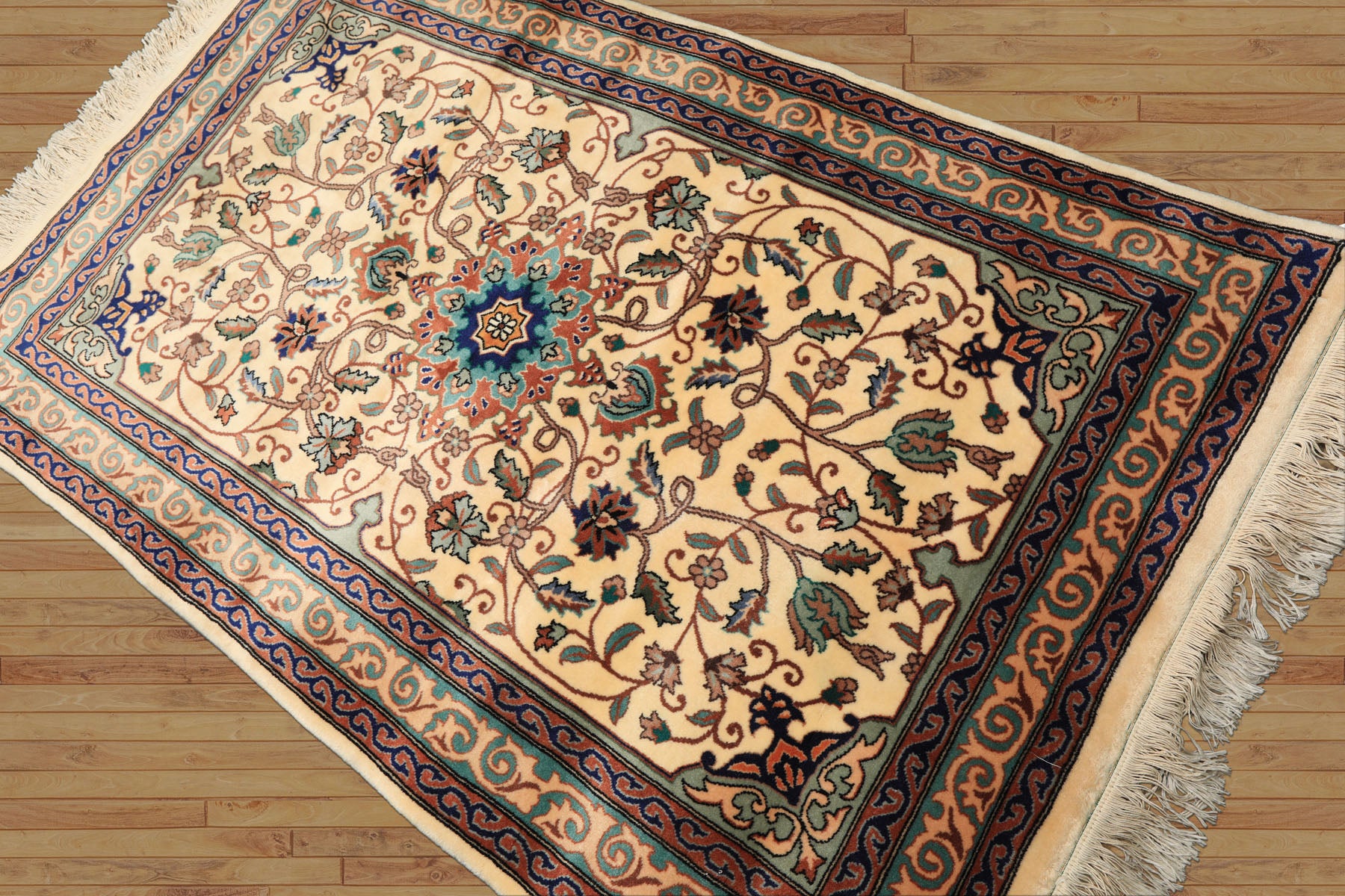 3x5 Ivory, Navy, Turquoise Color Hand Knotted French Aubusson Savonerrie Wool Traditional Oriental Rug